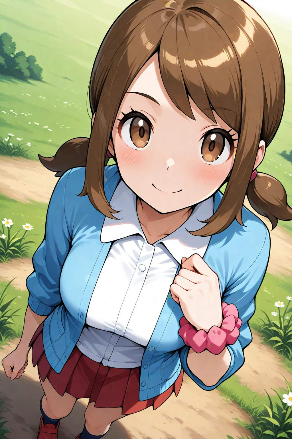 2d, masterpiece, best quality, amazing quality, 1girl, solo, close-up, standing, smile, upper body, from above, dutch angle, looking at viewer, meadow, day, lassoras, lass \(pokemon oras\), brown eyes, short twintails, sidelocks, bangs, brown hair, blue cardigan, open cardigan, white shirt, collared shirt, red pleated skirt, wrist scrunchie, pink scrunchie, black socks, shoes, brown footwear