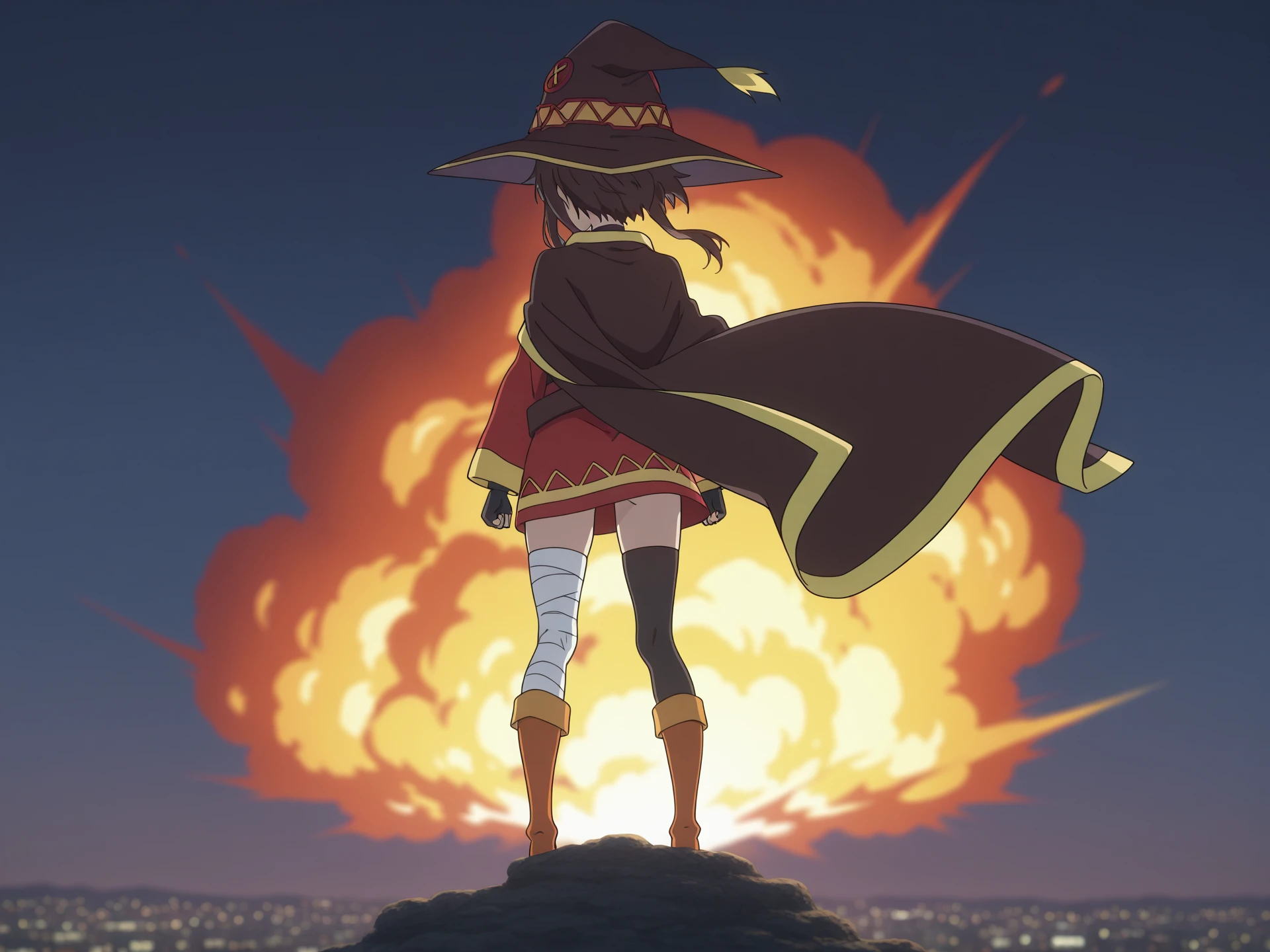 highres, hi res, best quality, masterpiece, 2d, intricate details, 4k, anime coloring, countershading,
1girl, solo, female, short hair, sidelocks, megumin, magical girl,
Belt choker, red dress, off-shoulder dress, Black gloves, fingerless gloves, Belt, mismatched legwear, asymmetrical legwear, bandaged leg, black thighhighs, knee boots, hat, Black cape,
explosion, nuclear explosion, nuclear mushroom cloud, winter clothes, winter, shock wave,
full body, outdoors, from behind, blurry, floating hair, depth of field, wind, nature, facing away, night, night city, cityscape, city lights,
<lora:kyoto_animation_ILXL:1>, kyoto animation,