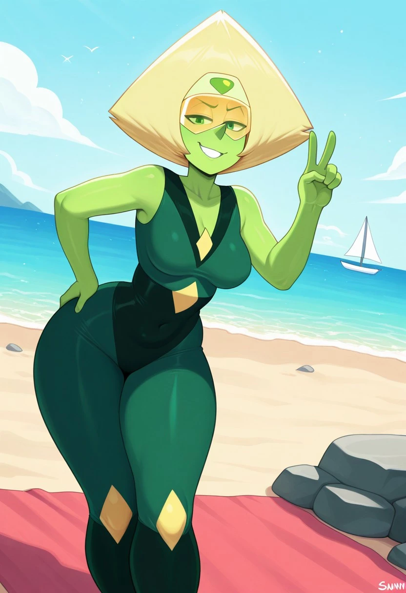 masterpiece, best quality, newest, absurdres, highres, 1girl, solo, amazing quality, good lighting,
peridotILL, peridot, peridot from steven universe
green skin, yellow visor, green eyes, green forehead gem, diamond-shaped hair, yellow hair, pointy nose, dark green and black bodysuit, v-neck body suit, shortstack, slimthick, covered breasts, medium breasts, wide hips, shoulders exposed, bare arms, sleeveless bodysuit
on beach, facing viewer, hands on hips, smiling, ocean background, beach towels, rocks, sailboat, sunny day, dynamic pose, dynamic angle, peace sign, smiiling,
source_cartoon, cartoon, (soft skin shading:1.4), (glistening highlights:1.3), (detailed hands:1.3), (smooth shading:1.4), (bold outlines:1.3), (soft lighting:1.3), (vibrant colors:1.4), (suggestive pose:1.5), ((seductive expression:1.4), (detailed bodysuit texture:1.3)