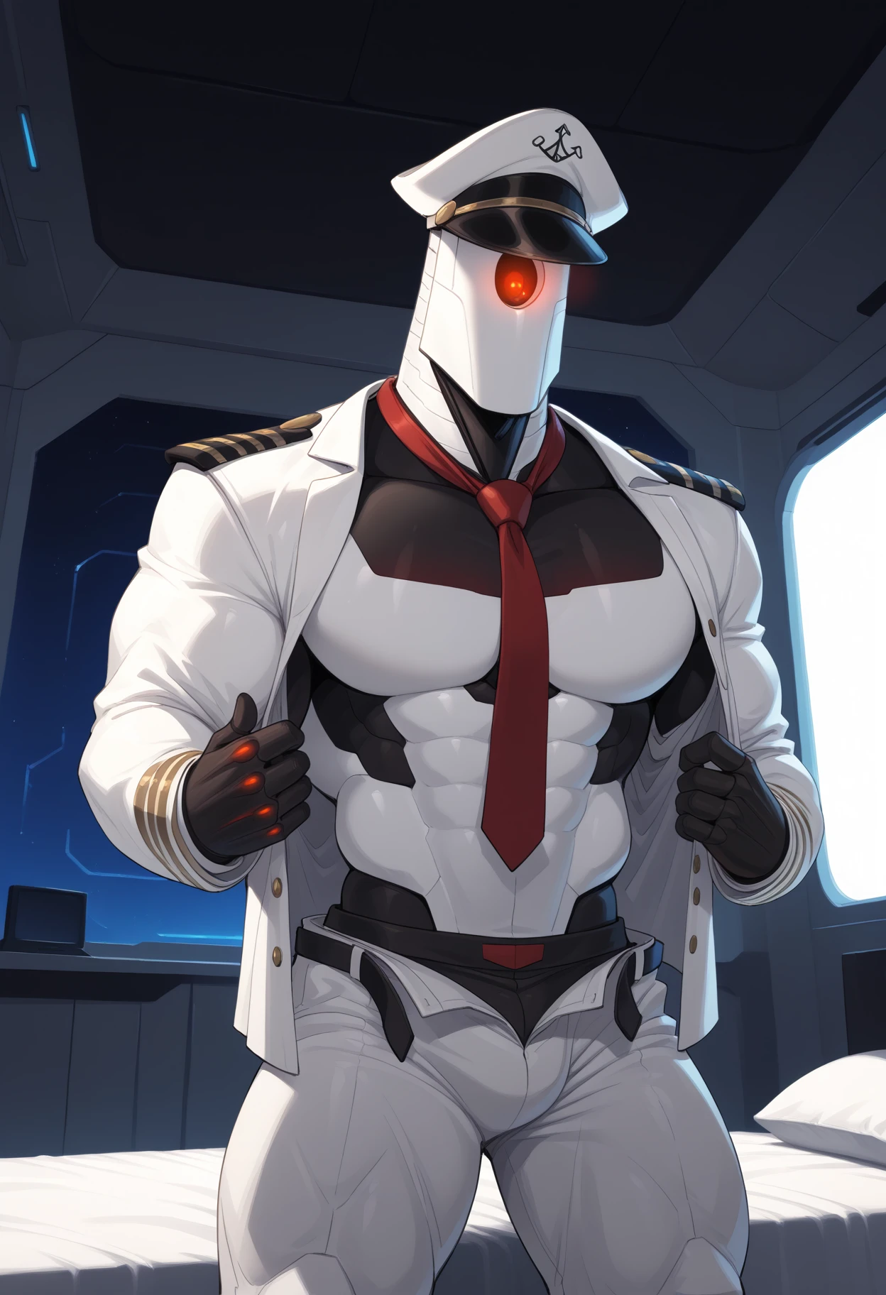 indoors, spaceship, bedroom, on bed, male focus, 1boy, solo, aut0, glowing eyes, red eyes, military uniform, robot, muscular, peaked cap, red necktie, open clothes, undressing, underwear, teasing viewer, bulge, dutch angle
zPDXL3, score_9, score_8_up, score_7_up, (detailed, perfect anatomy, masterpiece, high quality, best quality) <lora:AutoOC_Wall-E_V1:0.9000000000000001>