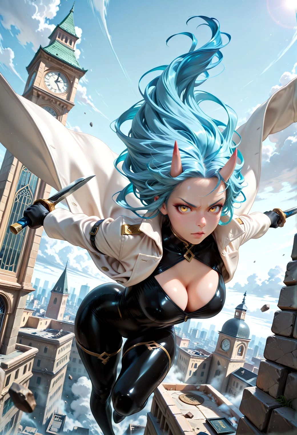 SmoothNoob_Quality, 1girl, oni, pointy horns, blue hair, long hair, yellow eyes, v-shaped eyebrows, thick eyelashes, looking at viewer, white long coat, high collar, cleavage, latex, black bodysuit, thigh-high boots, wind, dual wielding, dagger, midair, falling, reverse grip, outdoors, (clock tower), (above clouds:0.9), stone pillars, cityscape, debris, cold, dynamic pose, (high contrast:1.5), incoming attack, foreshortening, cinematic angle, dutch angle, dynamic angle, from below,