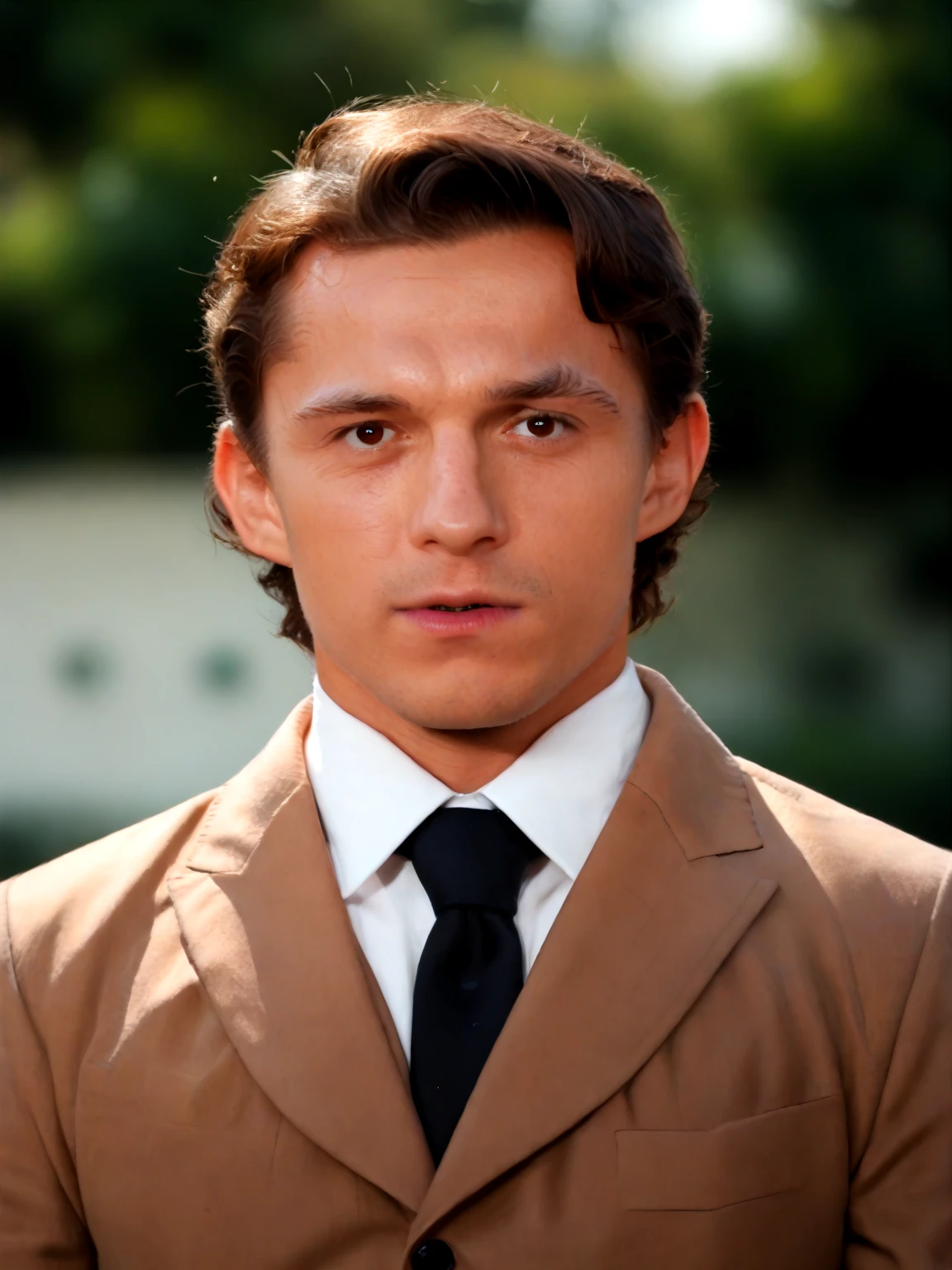 score_9, score_8_up, score_7_up, t0mh0lland, solo, looking at viewer, brown hair, shirt, 1boy, brown eyes, jacket, white shirt, upper body, male focus, parted lips, necktie, collared shirt, blurry, black jacket, blurry background, formal, suit, black necktie, brown jacket, realistic <lora:t0mh0lland-PONY:1>