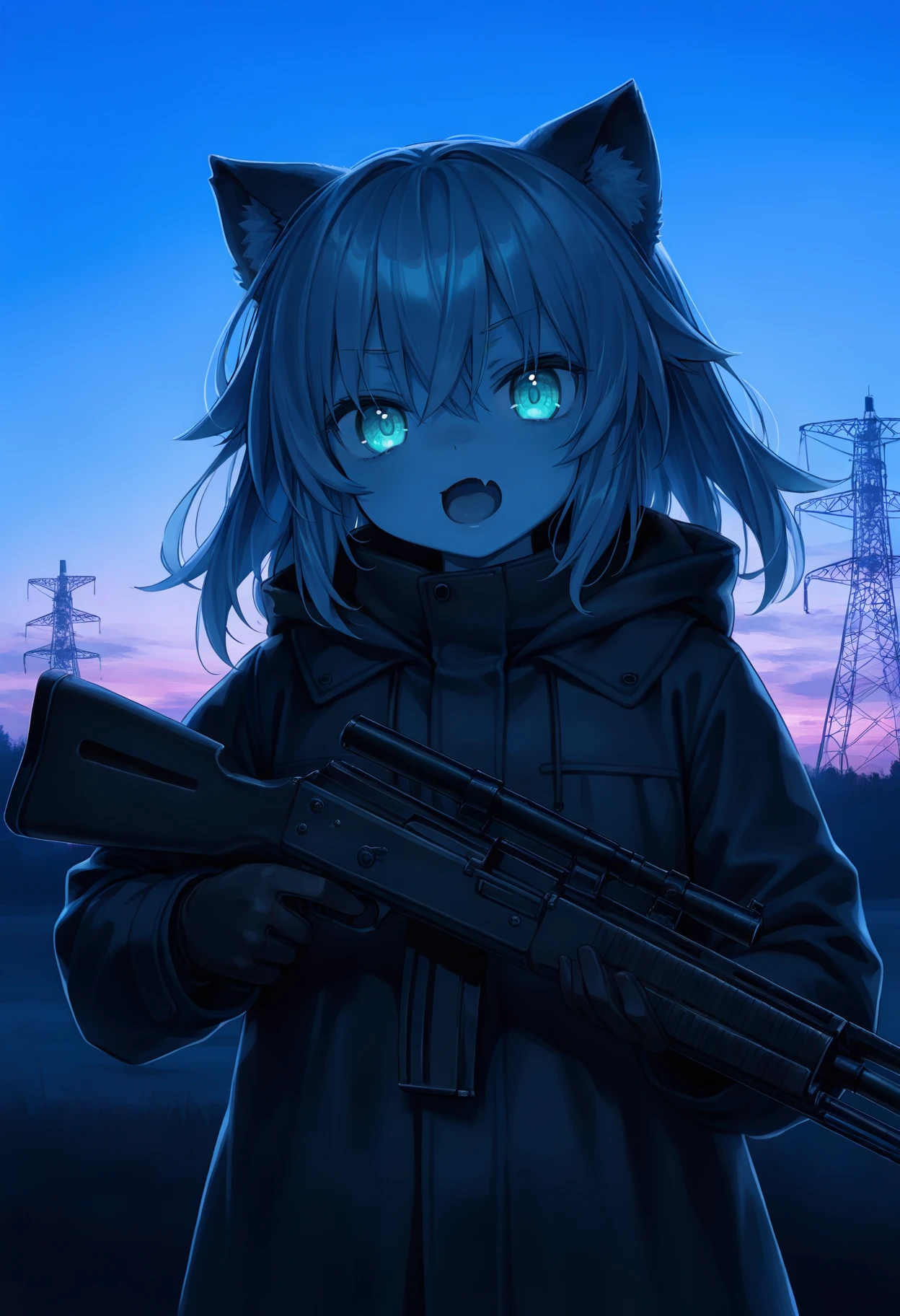 1girl,animal ears,aqua eyes,battle rifle,blue theme,coat,dark,fang,gloves,gun,hair between eyes,holding,holding gun,holding weapon,looking at viewer,m14,medium hair,open mouth,outdoors,rifle,skin fang,sky,solo,transmission tower,twilight,upper body,weapon