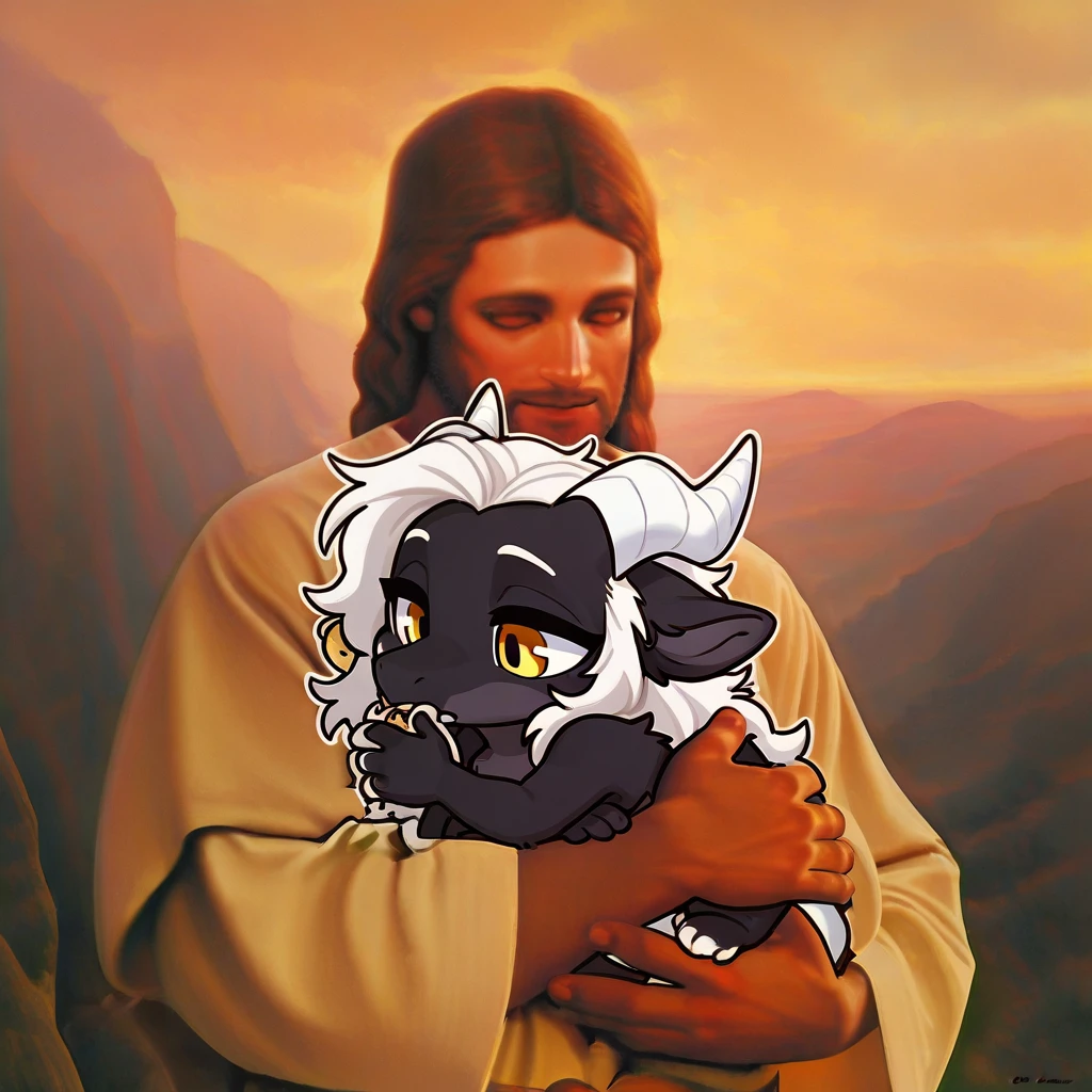 (2024, very aesthetic, newest, best quality, masterpiece), mikus-concept, human, jesus, holding, simple background, golden hour, furry male, furry, male, man, dragon, white horns, white hair, yellow eyes, black fur, chibi