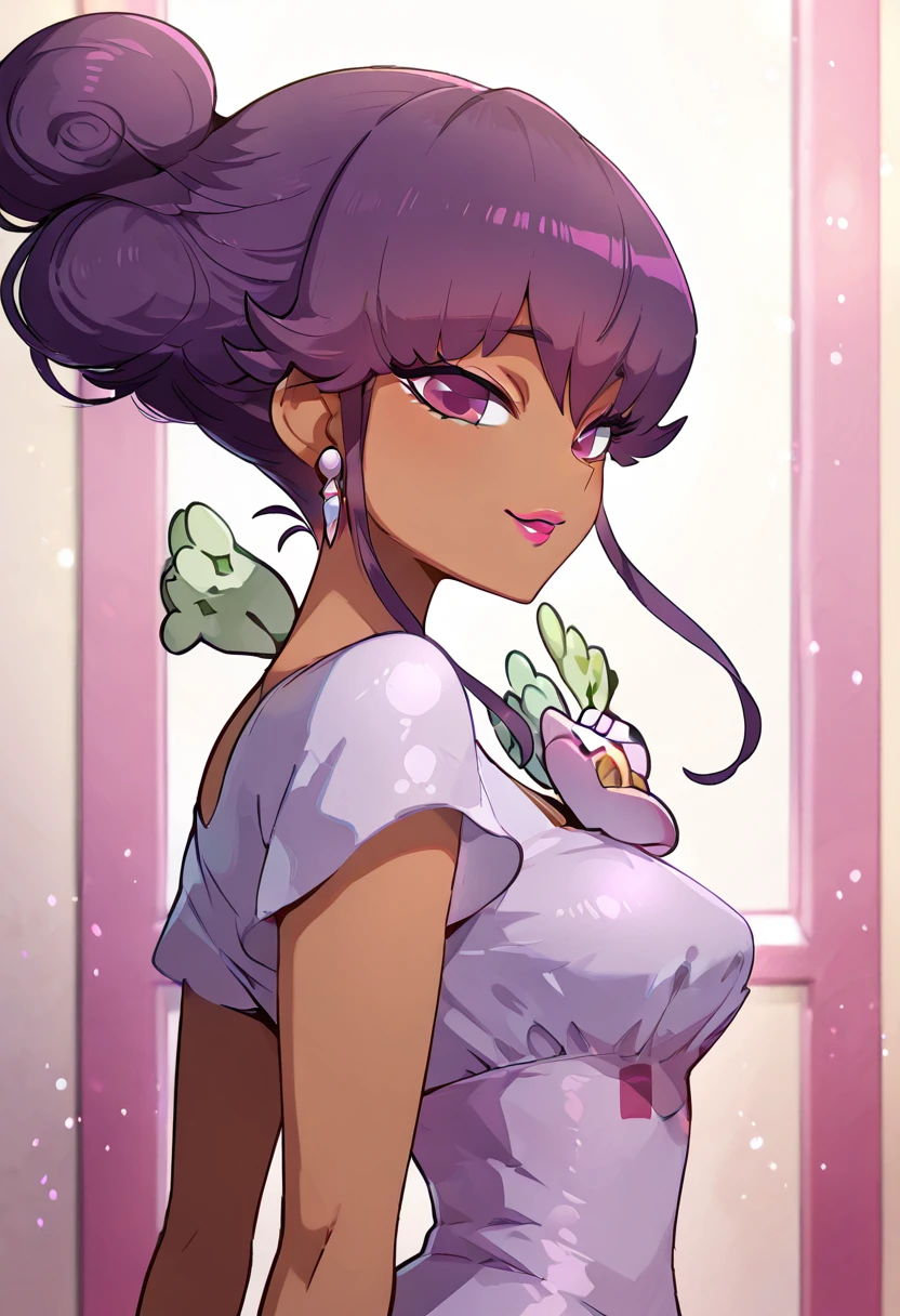 masterpiece, best quality, solo, curvy, beautiful eyes, zzTulip, purple eyes, purple hair, dark skin, dark-skinned female, jewelry, earrings, dress, makeup, lipstick, ,<lora:TulipPokemon_IXL:1.0>, , smile, looking at viewer, side view, upper body, <lora:DiivesIXL:1.0>,