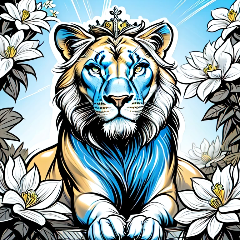 <lora:AzureSketchIllustrationIllustrious:1> ArsMJStyle, AzureSketch, Leo, A lion with a crown of flowers on its head, surrounded by vibrant blooms and leaves, painted in a realistic style. No humans, lion, flowers, crown, vibrant, realistic, animal, majestic.