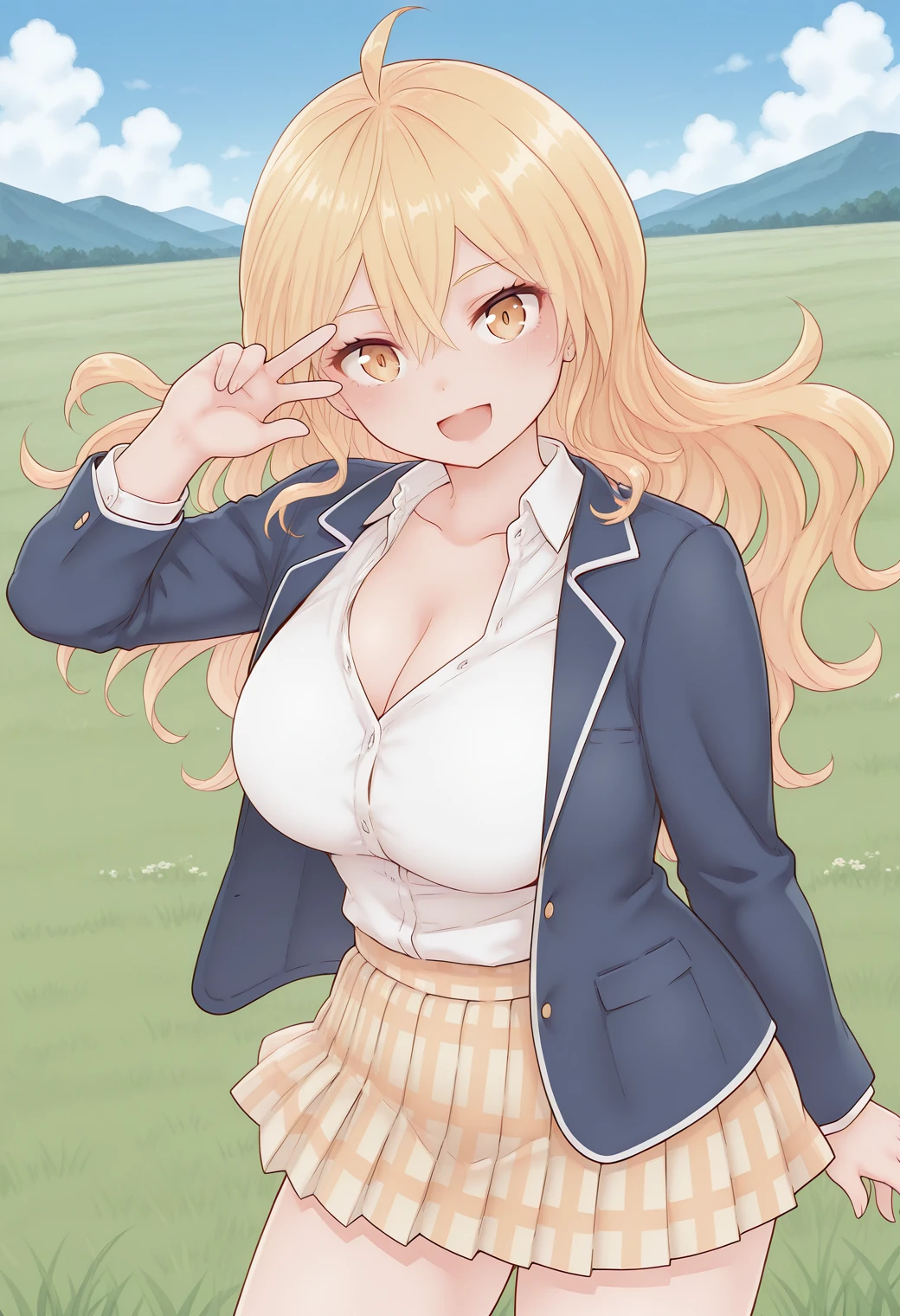 blonde hair, long hair, green eyes, happy, school uniform, short skirt, medium breast, cleavage, classroom, slim legs, navel, open clothes