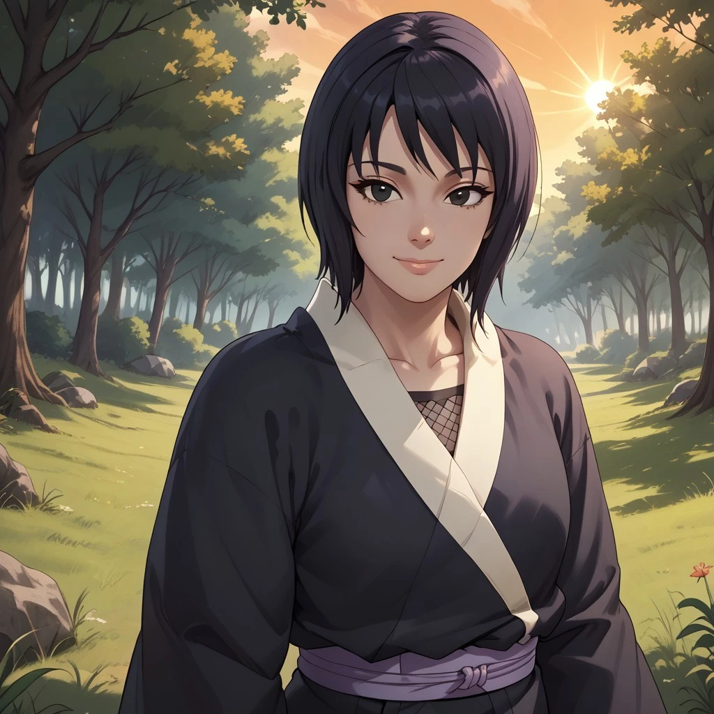 score_9, score_8, BREAK, score_9, score_8_up, score_7_up, score_6_up, score_5_up, score_4_up, Shizune, short hair, black hair, black eyes, black kimono, white trim, light purple obi, smile, collarbone, mesh shirt, sexy pose, self portrait, smile, outdoors, sunlight, shadows, evening lighting, natural lighting, forest, trees, grass, orange sky, sunset