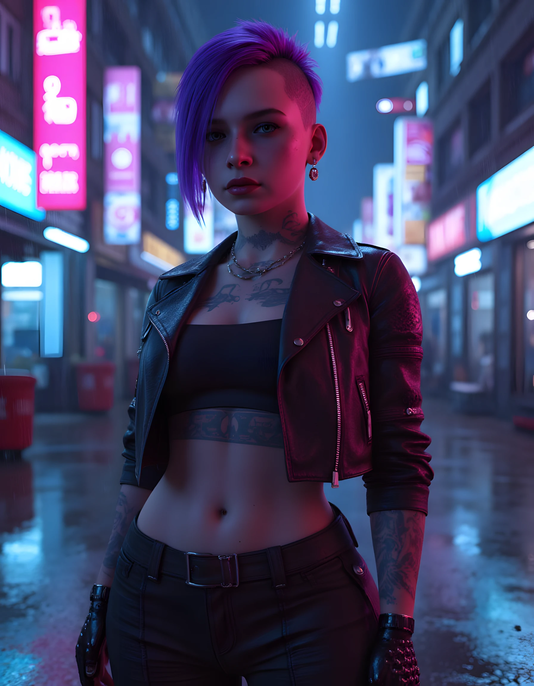 (solo portrait:1.3), tattooed cyberpunk hacker, athletic Asian woman, neon purple undercut hairstyle, multiple facial piercings, neural implants along temples, wearing cropped leather jacket with glowing circuit patterns, mesh top, high-waisted cargo pants, (confident pose:1.2), holographic screens floating around her, calculating gaze, detailed cybernetic arm modifications, rain-soaked neon environment, photorealistic rendering, Ay0st Style