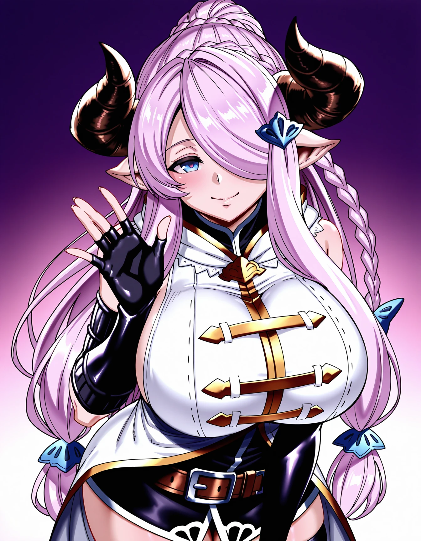 <lora:black_sclera3:1.0> , black_sclera, colored sclera, 1girl, braid, breasts, brown hair, cleavage, dragon tail, eyeshadow, genderswap, genderswap \(mtf\), green eyes, highres, horns, large breasts, long hair, magical girl, makeup, nagine pum, open mouth, solo, sword, tail, twin braids, weapon