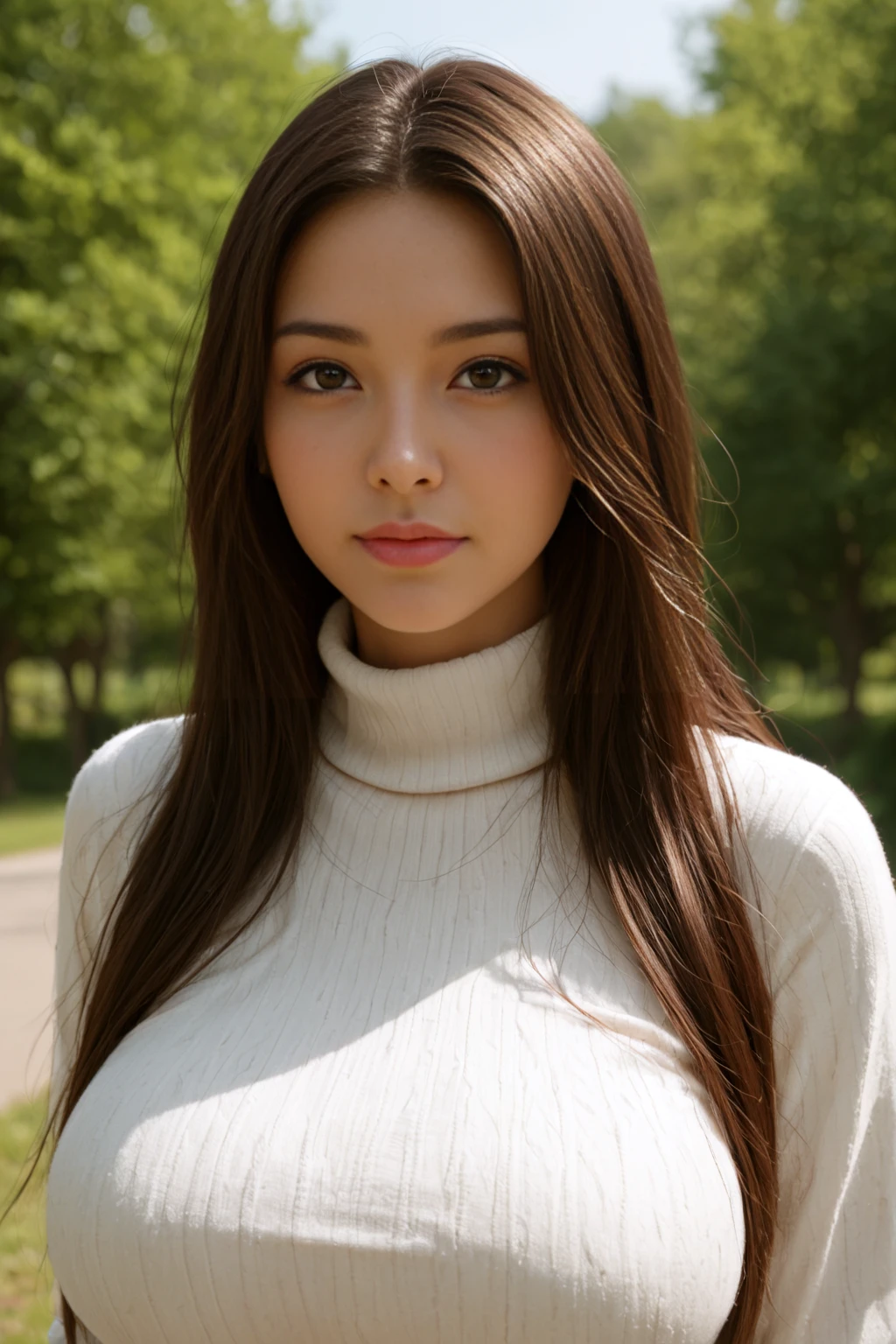 score_9, score_8_up, score_7_up, score_6_up, realistic, photo, dynamic angle, dramatic shadows, detailed face hair and eyes, detailed skin, depth of field, BREAK, 1girl, (cute:1.5),huge breasts,  innocent and alluring, long hair, alternative vibe, brown eyes, white turtleneck sweater,  portrait,looking at viewer, generous, serene, outdoor,park,