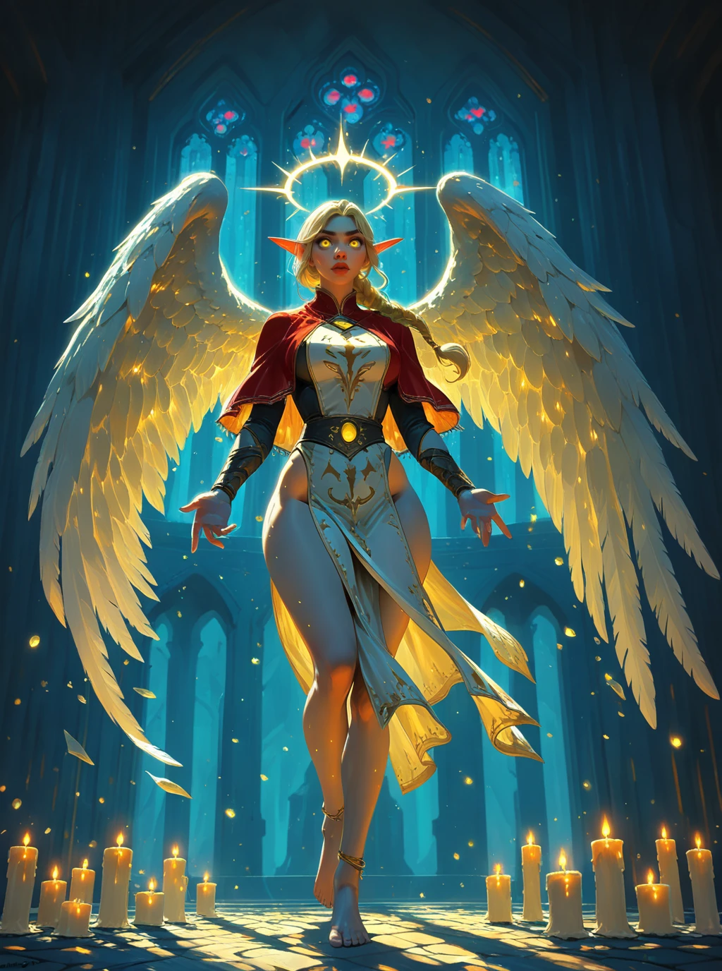 sref5450, full body of elf woman wearing white tabard and red capelet, nose, lips, pauldrons, blonde, single braid, wide hips, legwear, barefoot, anklet, glowing angel wings, glowing halo, yellow eyes, particles, night, dark atmosphere, temple indoors, candles, stained glass windows, solo, glass shards, dynamic pose <lora:sxz-sref5450:0.8>
