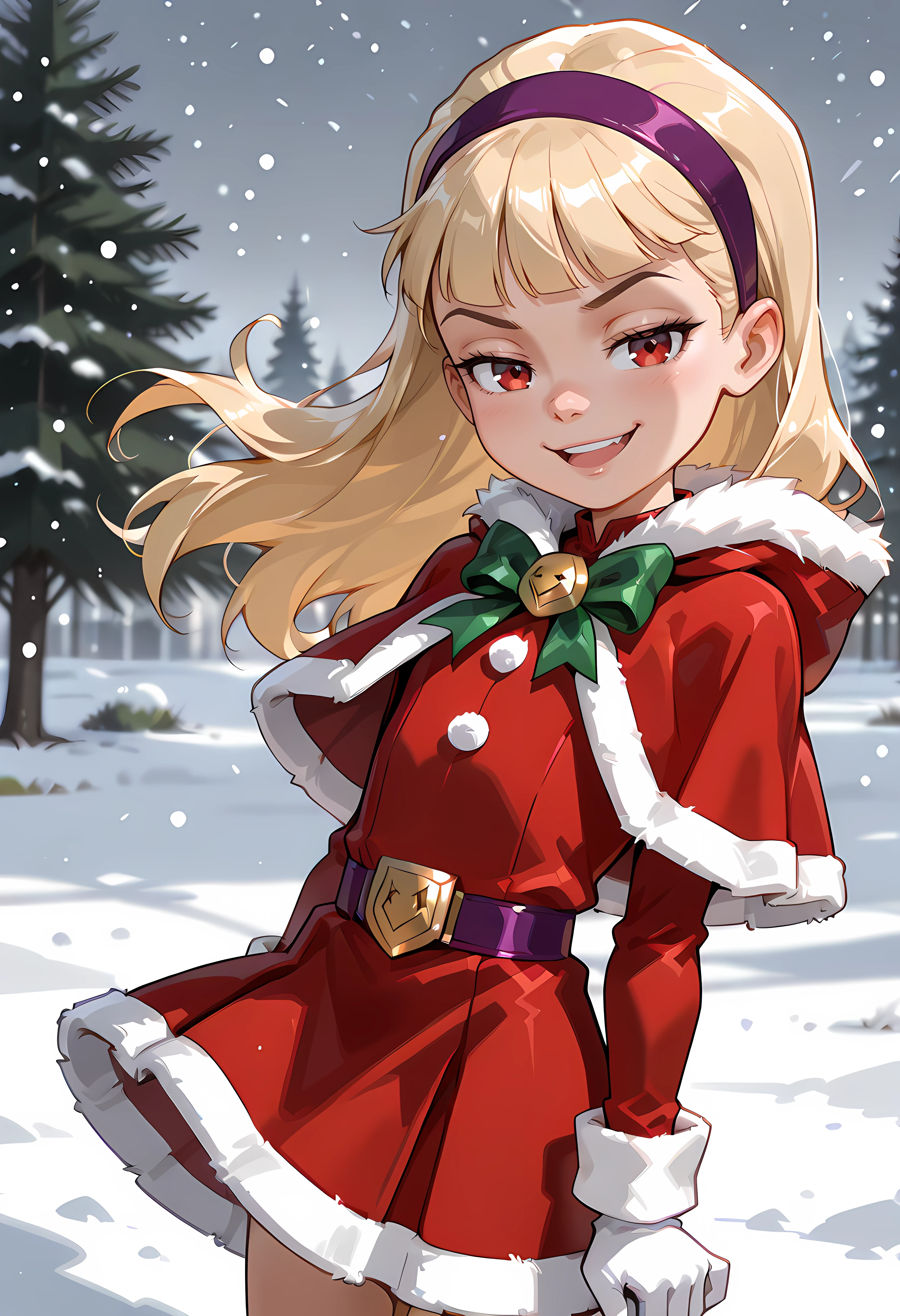 score_7, score_7_up, score_9, score_9_up, BREAK, DC__Young_Justice_Child, 1girl, blond hair, red eyes, purple hairband, , smug smile, arched back, cowboy shot, solo, child <lora:justice_girl_childILL:1>, (portrai shot, upper body), happy, looking at viewer, upper teeth, looking at viewer, christmas, fur trim, red capelet, red dress, fur-trimmed dress, long sleeves, white gloves, snowing, outdoors