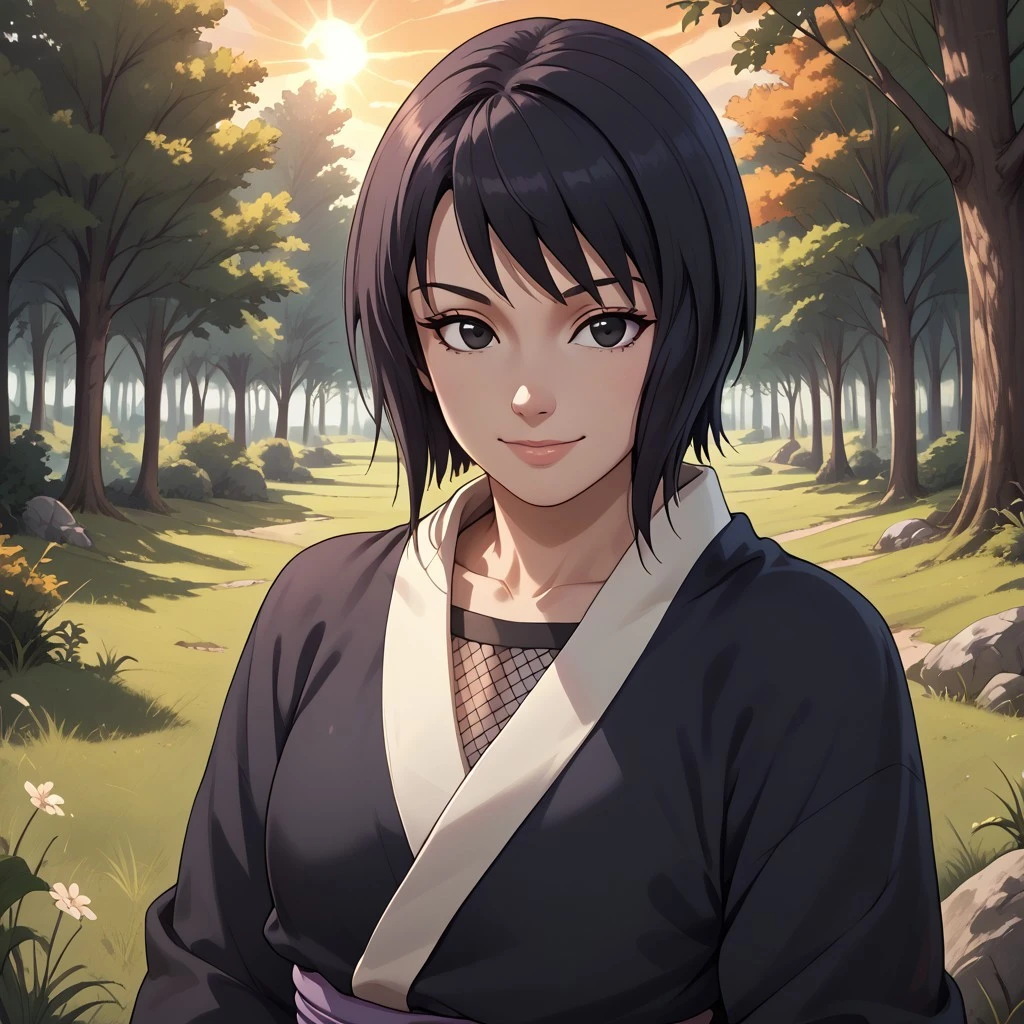 score_9, score_8, BREAK, score_9, score_8_up, score_7_up, score_6_up, score_5_up, score_4_up, Shizune, short hair, black hair, black eyes, black kimono, white trim, light purple obi, smile, collarbone, mesh shirt, sexy pose, self portrait, smile, outdoors, sunlight, shadows, evening lighting, natural lighting, forest, trees, grass, orange sky, sunset