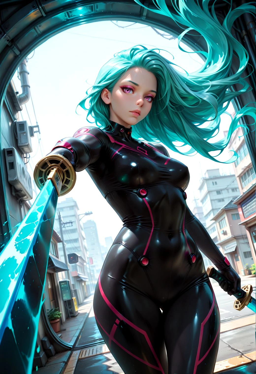 SmoothNoob_Quality, (impressionism:1.5), dynamic composition, 1girl, solo, long hair, flowing hair, neon hair, bioluminecent glow, parted pink lips, eyeshadow, sci-fi, looking at viewer, dual wielding, holding futuristic sword, unsheating, wind effect, foreshortening, slashing, cowboy shot, cinematic angle, dutch angle, dynamic angle,