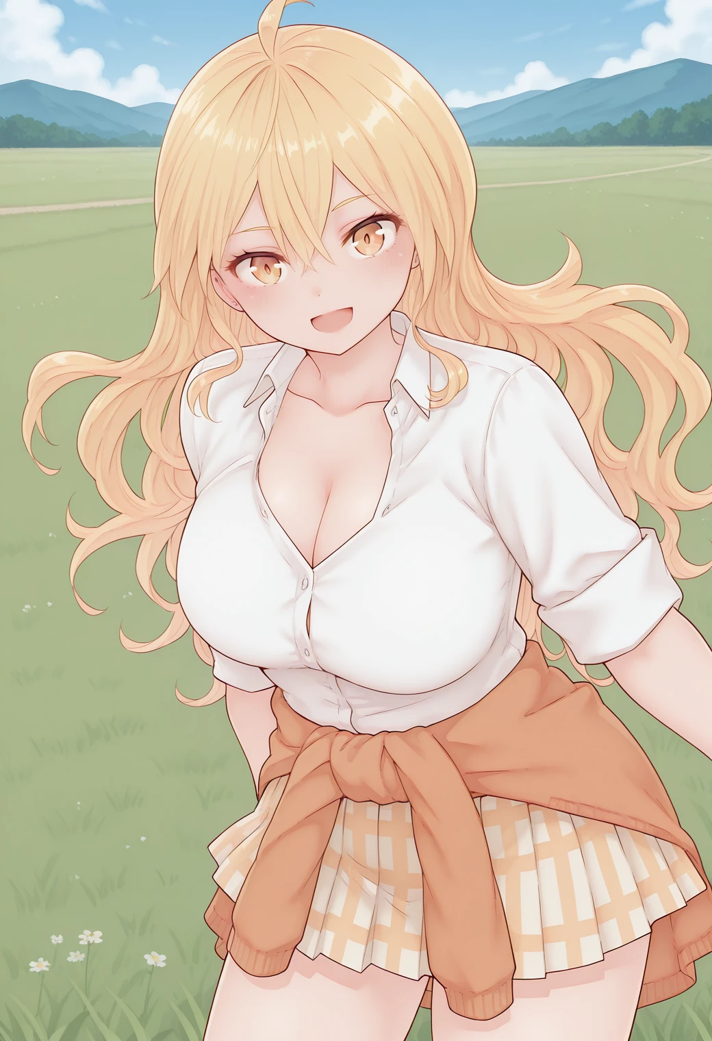 1 girl, purple eyes, pastel yellow hair, the hair covers one eye, wide, big breasts, big thighs, White T-shirt, purple skirt, brown pantyhose, beautiful smile, Open mouth, garden, looking at the viewer, Masterpiece, Best Quality, very aesthetic, absurdities, The newest one, intricate details, intricate, Generated AI