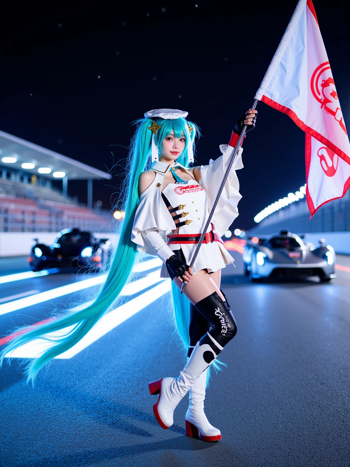 A realistic photo of a slim beautiful woman dressed in cyb-miku cosplay costume. She is also wearing capelet with collar and arm warmers and fingerless gloves and white high heeled boots with black thighhighs. She has aqua hair with long twintails and hat and hair ornament and hair ribbon. She is waving the flagpole and flag. The backgrond is a neon-lit racetrack at night, with glowing lines marking the lanes and futuristic race cars speeding by, leaving trails of light. The grandstands are illuminated by colorful LED lights, and the sky is dark with a few stars visible.. The photo is a full body shot with her entire body visible and with detail background.