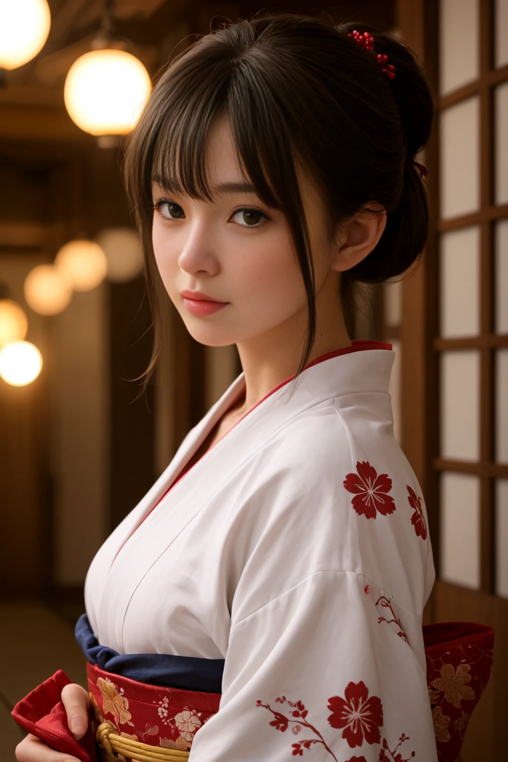 score_9, score_8_up, score_7_up, score_6_up, ,BREAK rating_explicit,uncensored,1girl,solo,cute woman,(expressive eyes:1.3),20yo,Beautiful Japanese Kimono, Beneath soft lights, her beauty glows,4A dreamlike aura gently flows.