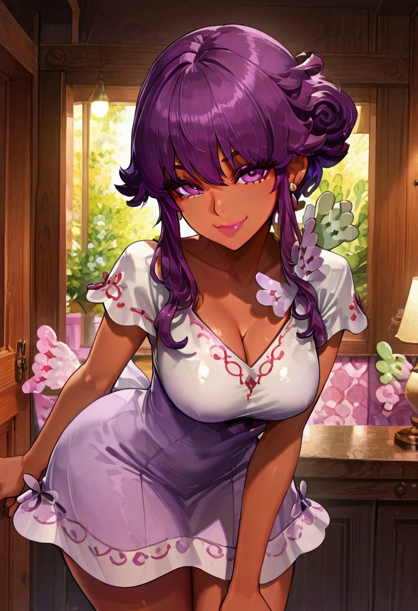 masterpiece, best quality, solo, curvy, beautiful eyes, zzTulip, purple eyes, purple hair, dark skin, dark-skinned female, jewelry, earrings, dress, makeup, lipstick, ,<lora:TulipPokemon_IXL:1.0>, , cowboy shot, leaning forward, smile, looking at viewer, shiny skin,