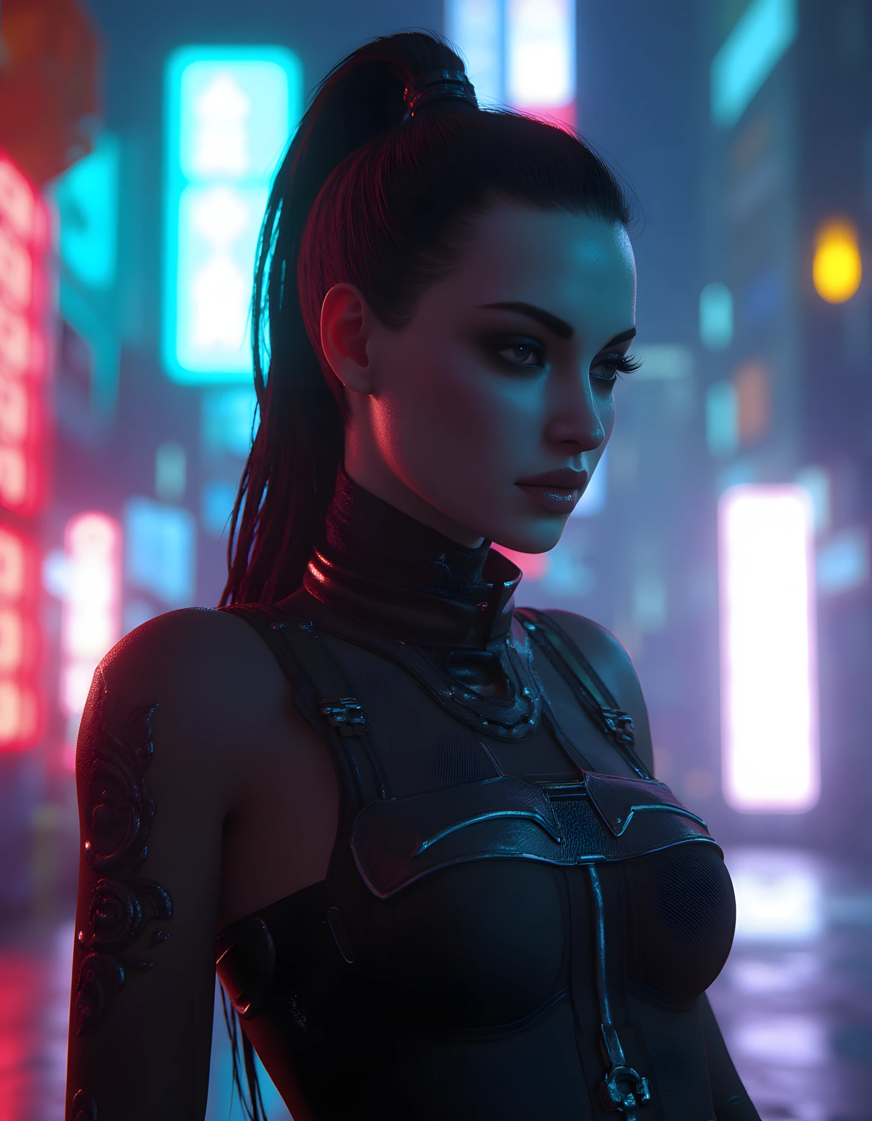 <lora:Ay0st Style:0.9>
An image of a futuristic woman in sleek cyberpunk attire, neon-lit urban backdrop, octane render, highly detailed, volumetric, dramatic lighting