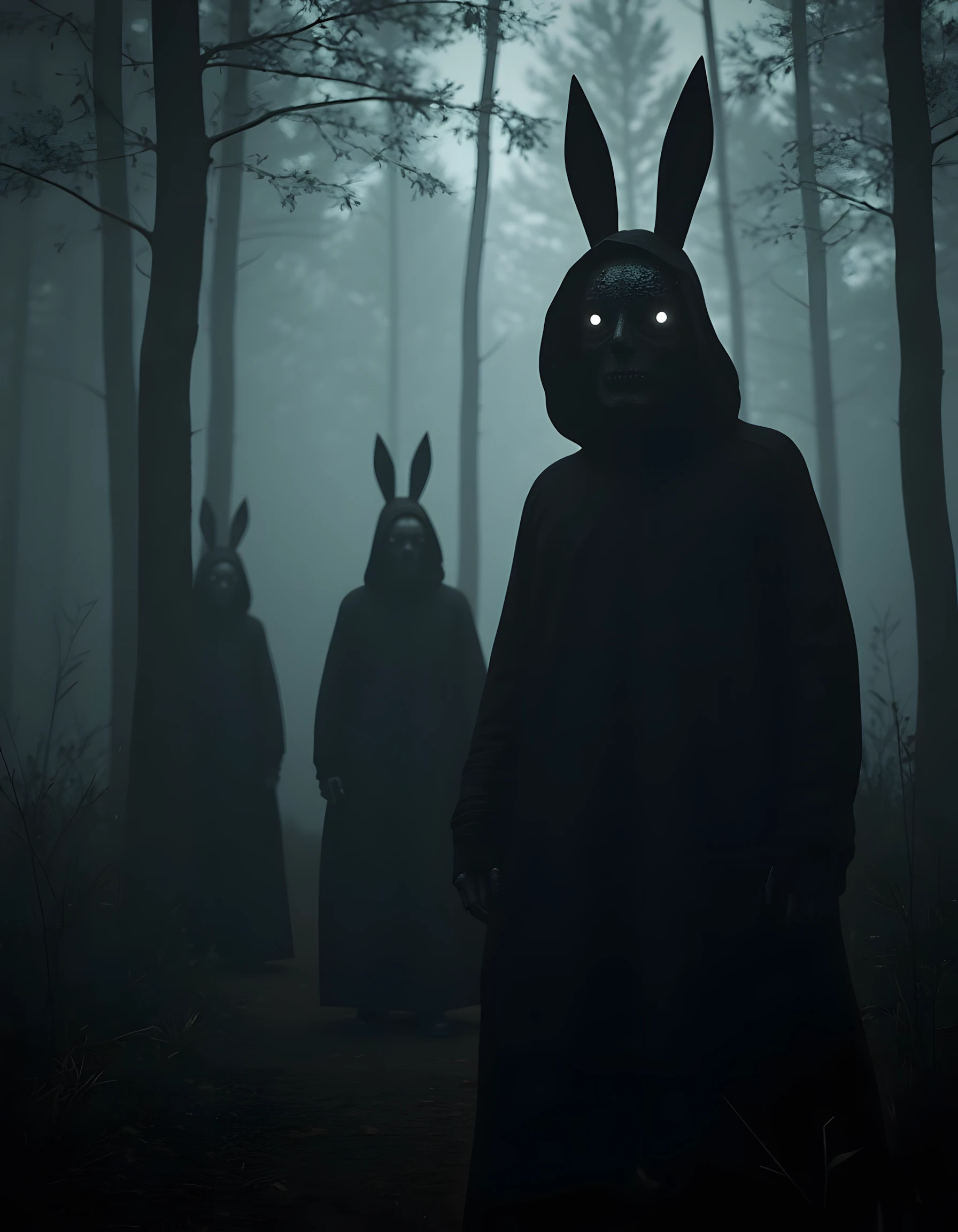 sinister, eerie, dark, shadow, distorted, grainy, film grain, Victorian, cultists, hooded, eerie, forest, Foggy, barely visible, dark theme, rabbit head masks, Ay0st Style