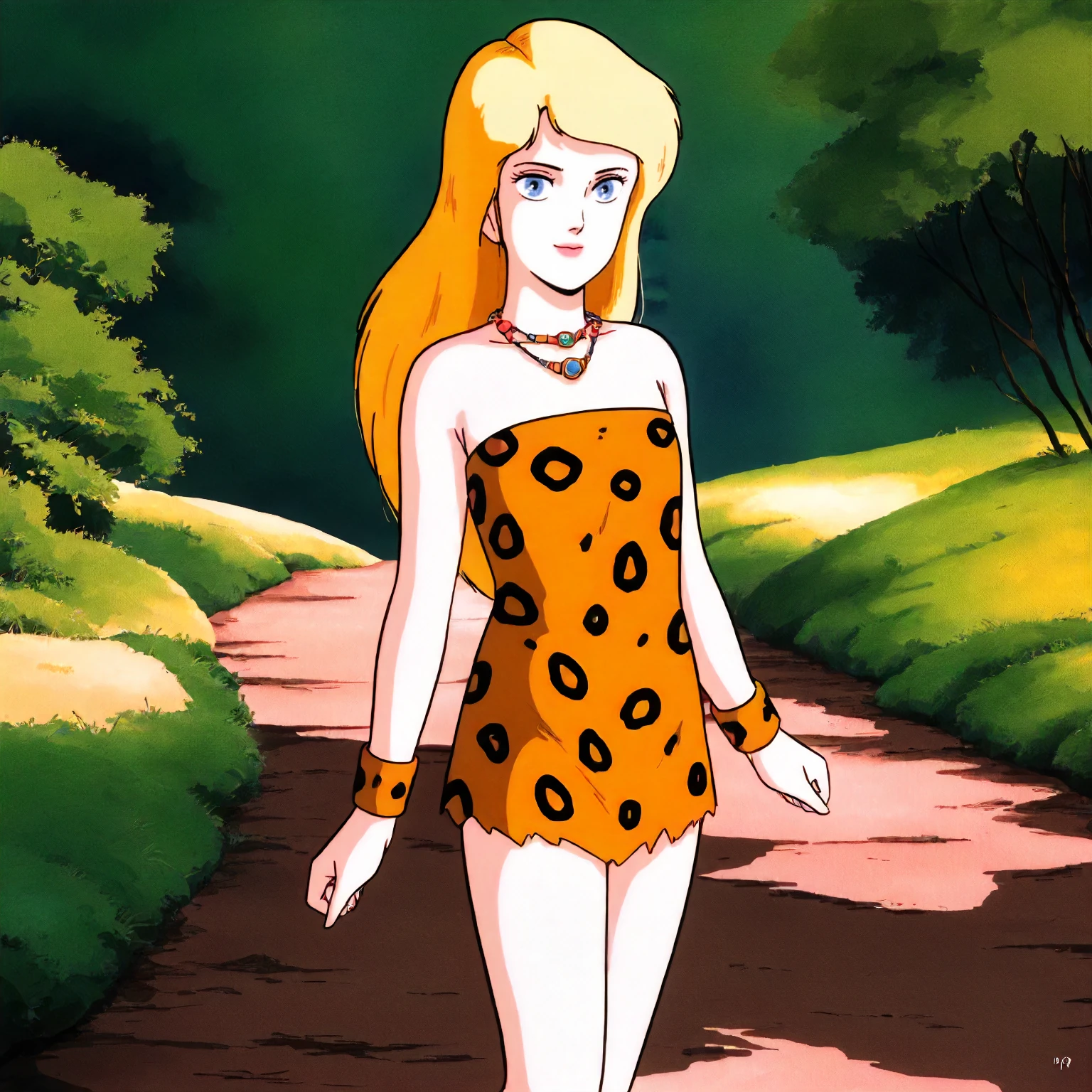 Gates McFadden (age 30) dressed in an explorers themed bikini. She was bathing in a pool under a waterfall when attacked by a fearsome dinosaur monster. Deadly struggle
