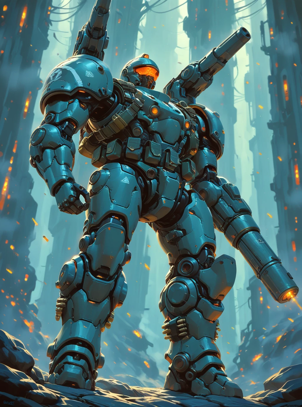 sref5450, overdesigned heavy armored mecha, big shoulders, arm cannon, cartridge belt, visor, <lora:sxz-sref5450:0.8>