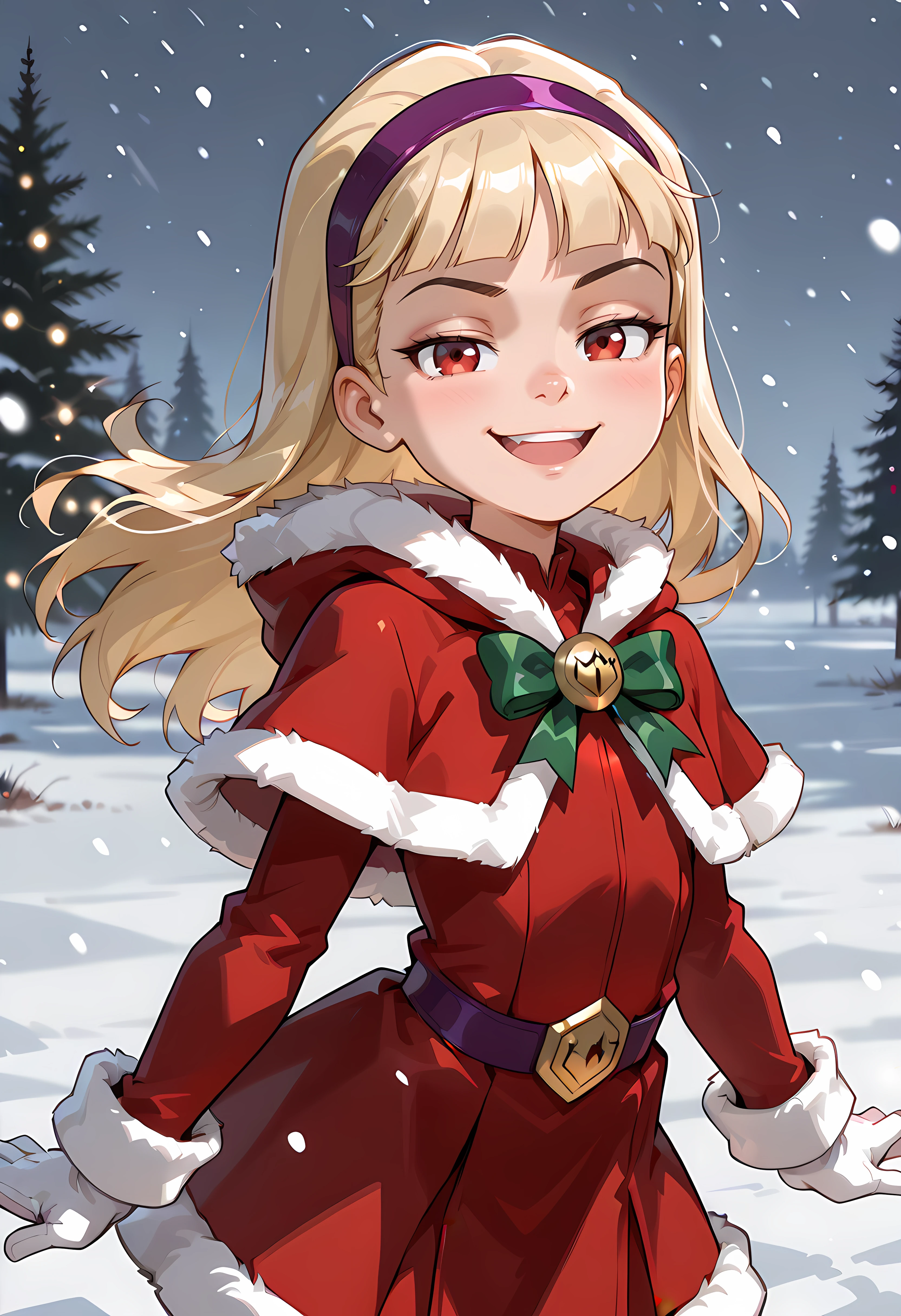 score_7, score_7_up, score_9, score_9_up, BREAK, DC__Young_Justice_Child, 1girl, blond hair, red eyes, purple hairband, , smug smile, arched back, cowboy shot, solo, child <lora:justice_girl_childILL:1>, (portrai shot, upper body), happy, looking at viewer, upper teeth, looking at viewer, christmas, fur trim, red capelet, red dress, fur-trimmed dress, long sleeves, white gloves, snowing, outdoors