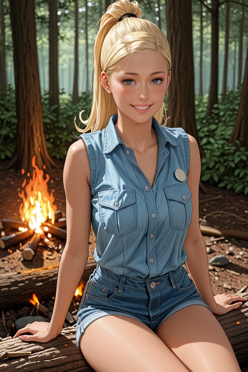 masterpiece, good quality, best quality, very awa, very as2, absurdres, highres , realistic,
<lora:NoelleilluLoRA:1>Noelle, short hair, ponytail, hair strand, Denim shirt, sleeveless shirt, breast pocket, in a forest, campfire, sitting on a log, blush, smile, frontal, denim shorts