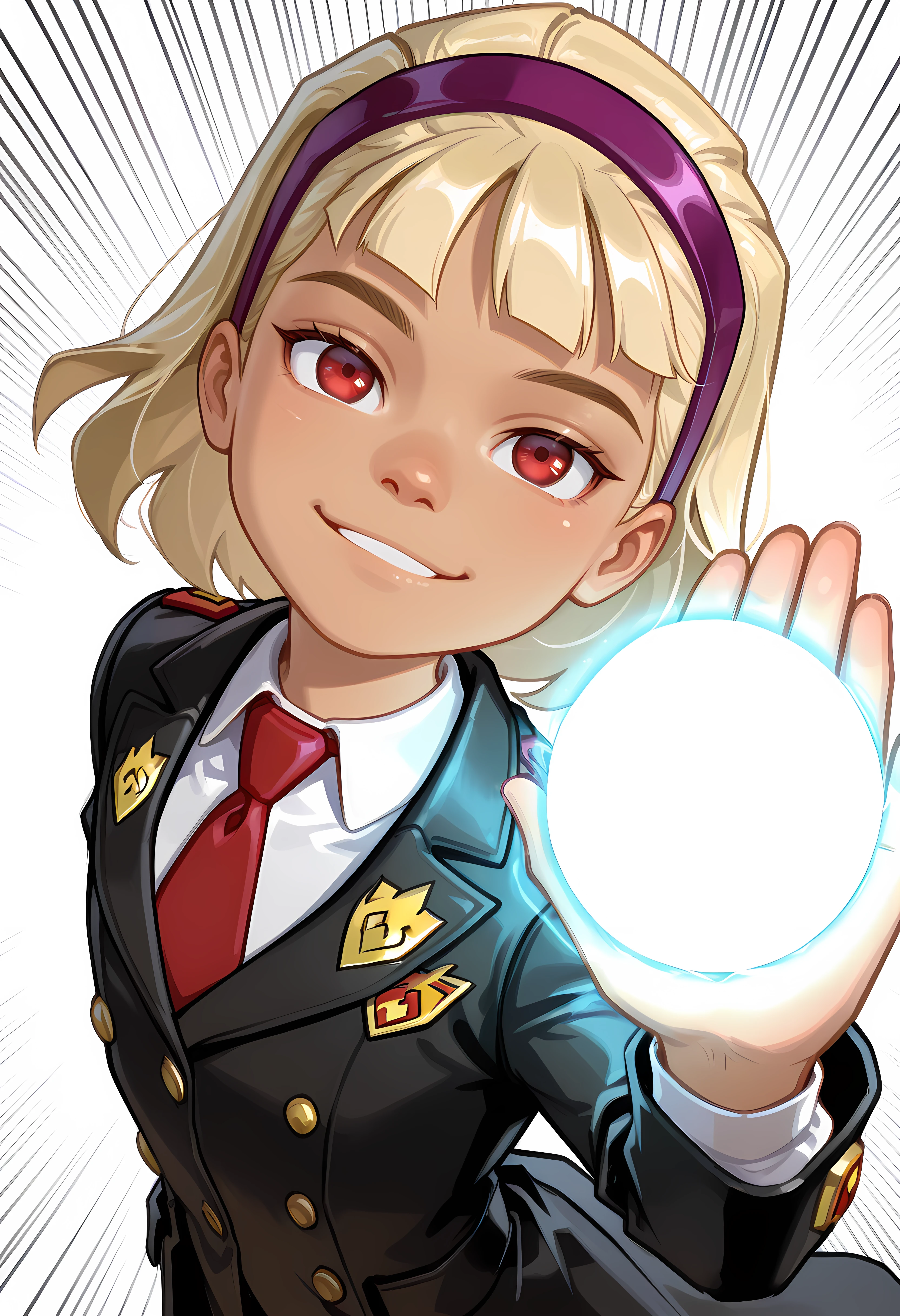 , DC__Young_Justice_Child, 1girl, blond hair, red eyes, purple hairband, white shirt, black coat, red tie, insignia on coat, smile, looking up at viewer, from above, arched back, cowboy shot, solo, ,, child <lora:justice_girl_childILL:1> <lora:Biden_Blast__Meme_Pose_Concept__IllustriousXL_and_NoobAI:1> bidenblast, incoming attack, emphasis lines, glowing, energy ball, foreshortening, upper body, expressionless, parted lips, white background, simple background, looking at viewer,, (portrai shot, upper body)