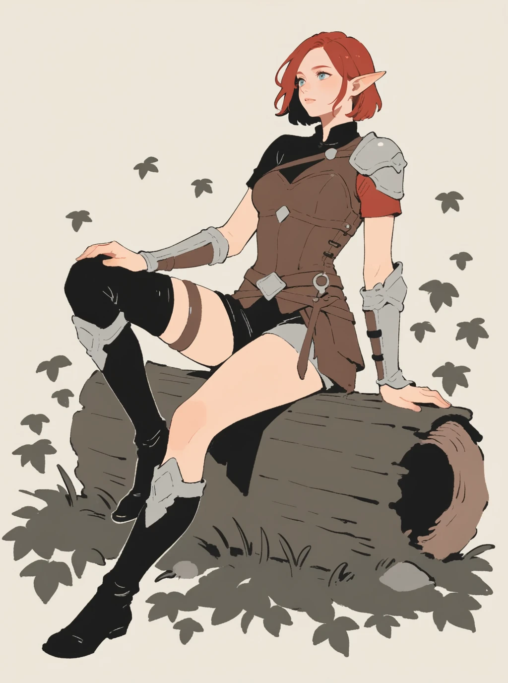 sref114579878, beautiful elf ranger girl sitting on wooden log in the woods, full body, leather armor, short red hair, leafs particles, legwear, boots, short sleeves, bracers, asymmetrical clothes, solo <lora:sxz-sref114579878:0.8>