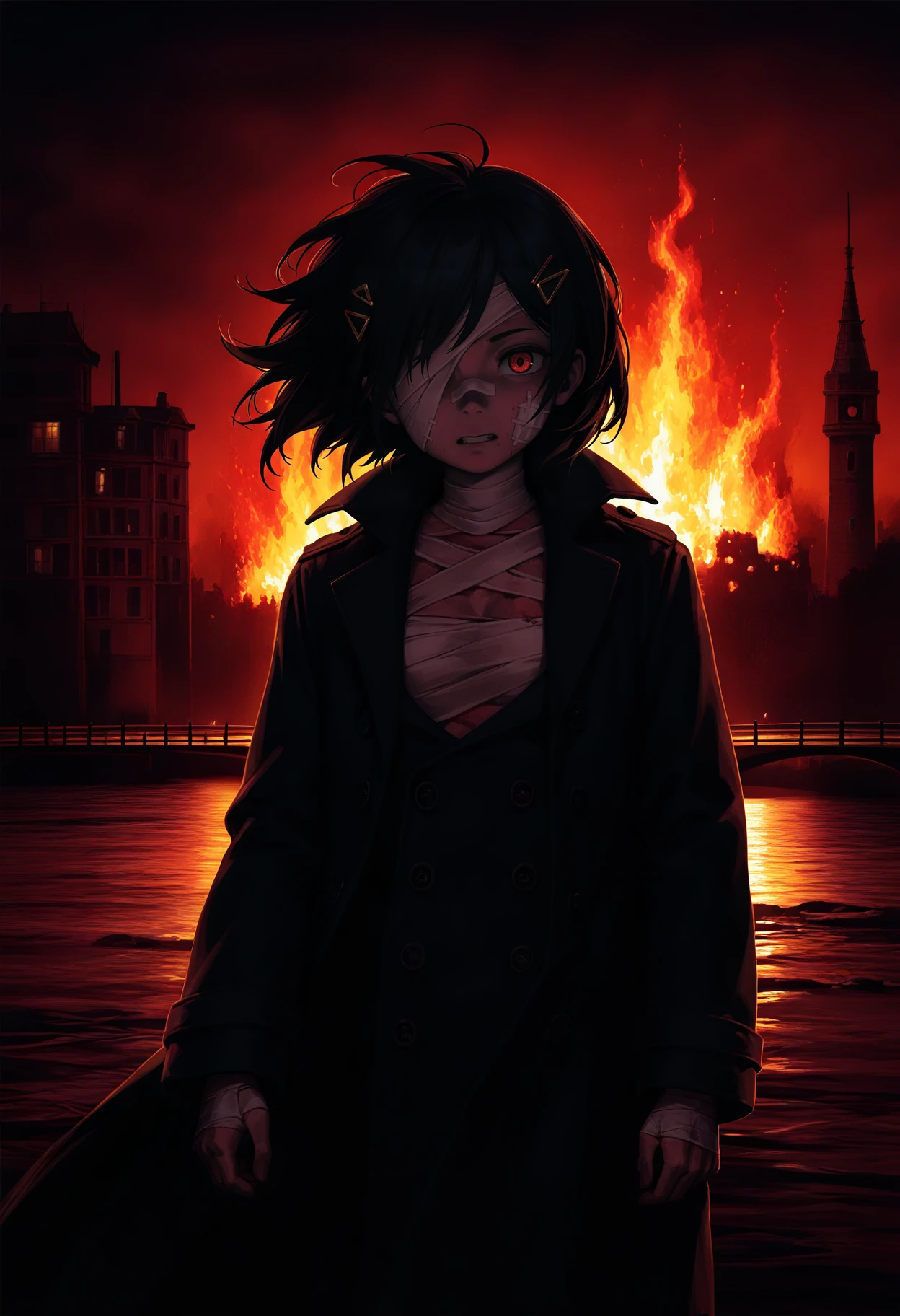 marie \(peripeteia\),1girl,backlighting,bandage on face,bandage over one eye,bandaged arm,bandages,black coat,bridge,burning,burning building,buttons,canvas texture,coat,dark,disfigured,exposed muscle,face in shadow,faux traditional media,fiery background,fire,floating clothes,floating hair,hair ornament,hairclip,horror \(theme\),injury,night,open clothes,open coat,outdoors,painterly,red theme,river,short hair,solo,teeth,tower,trench coat,triangle button,wind
