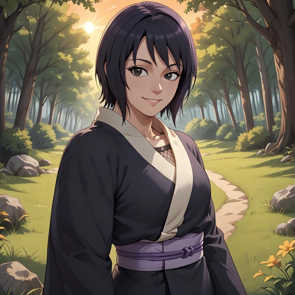 score_9, score_8, BREAK, score_9, score_8_up, score_7_up, score_6_up, score_5_up, score_4_up, Shizune, short hair, black hair, black eyes, black kimono, white trim, light purple obi, smile, collarbone, mesh shirt, sexy pose, self portrait, smile, outdoors, sunlight, shadows, evening lighting, natural lighting, forest, trees, grass, orange sky, sunset