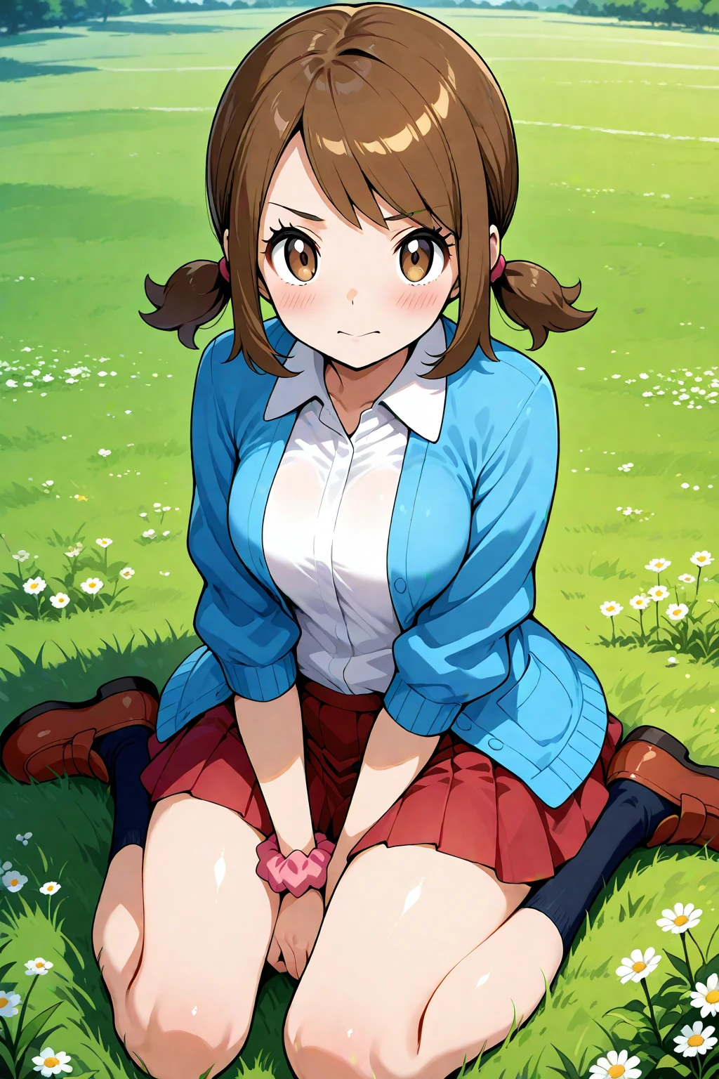 2d, masterpiece, best quality, amazing quality, 1girl, solo, sitting, wariza, outdoors, meadow, day, lassoras, lass \(pokemon oras\), brown eyes, short twintails, sidelocks, bangs, brown hair, blue cardigan, open cardigan, white shirt, collared shirt, red pleated skirt, wrist scrunchie, pink scrunchie, black socks, shoes, brown footwear