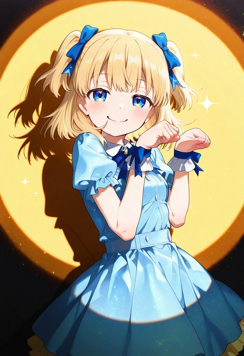 great quality,1girl,solo,(almic,akakura,ogipote,dikko:0.9), (sincos:0.8), (spotlight:1.2),black background, dress,idol, sparkle,light particles,blonde hair,blue eyes,intensed shadow, halation,two side up,blue ribbon,medium hair,first place pose,hands up,paw pose,smile,two tone color, yellow and blue theme