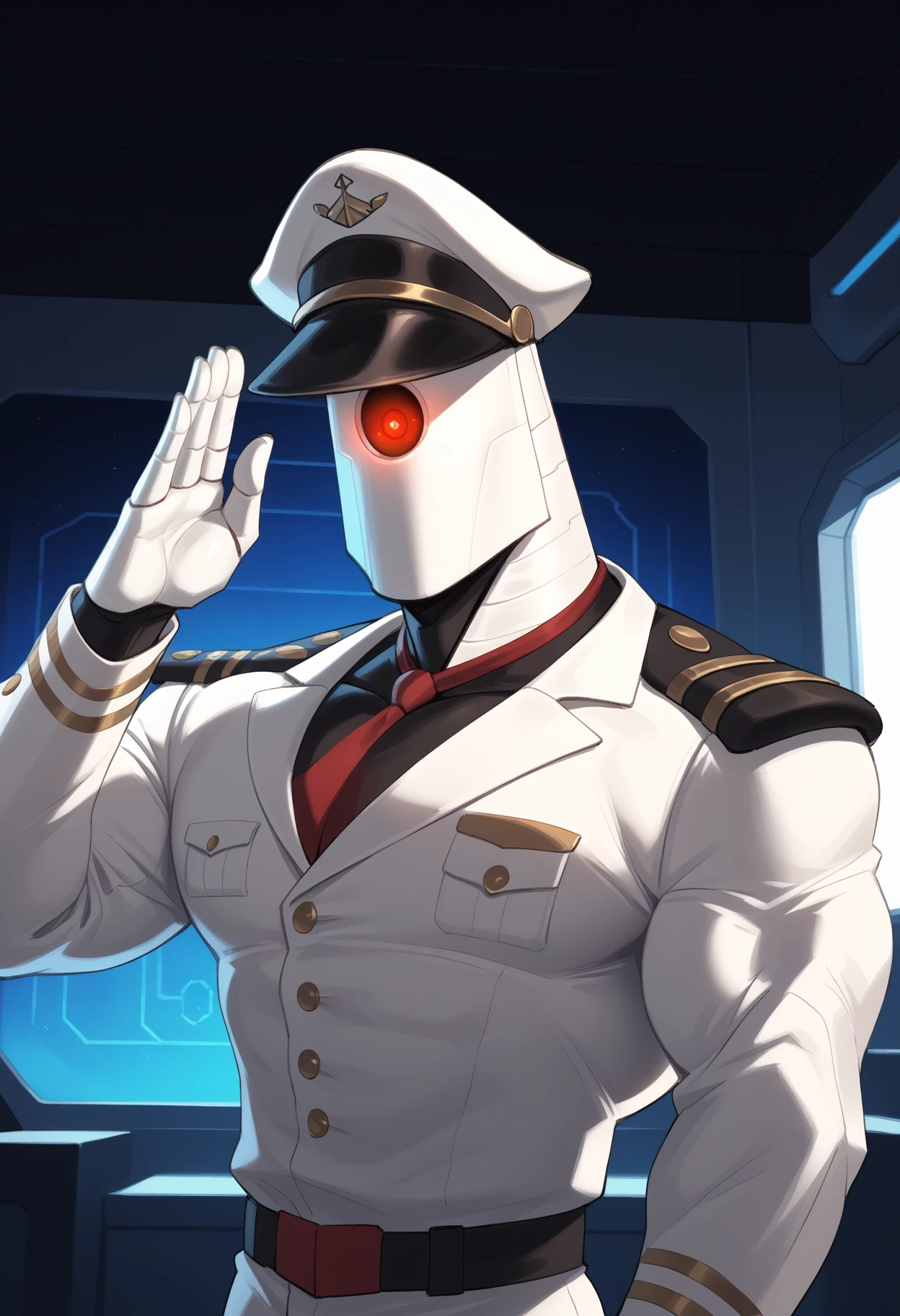 indoors, spaceship, male focus, 1boy, solo, portrait, close-up, aut0, glowing eyes, red eyes, robot, military uniform, muscular, beefy, peaked cap, red neckie, salute, looking at viewer,
zPDXL3, score_9, score_8_up, score_7_up, (detailed, perfect anatomy, masterpiece, high quality, best quality) <lora:AutoOC_Wall-E_V1:0.9000000000000001>