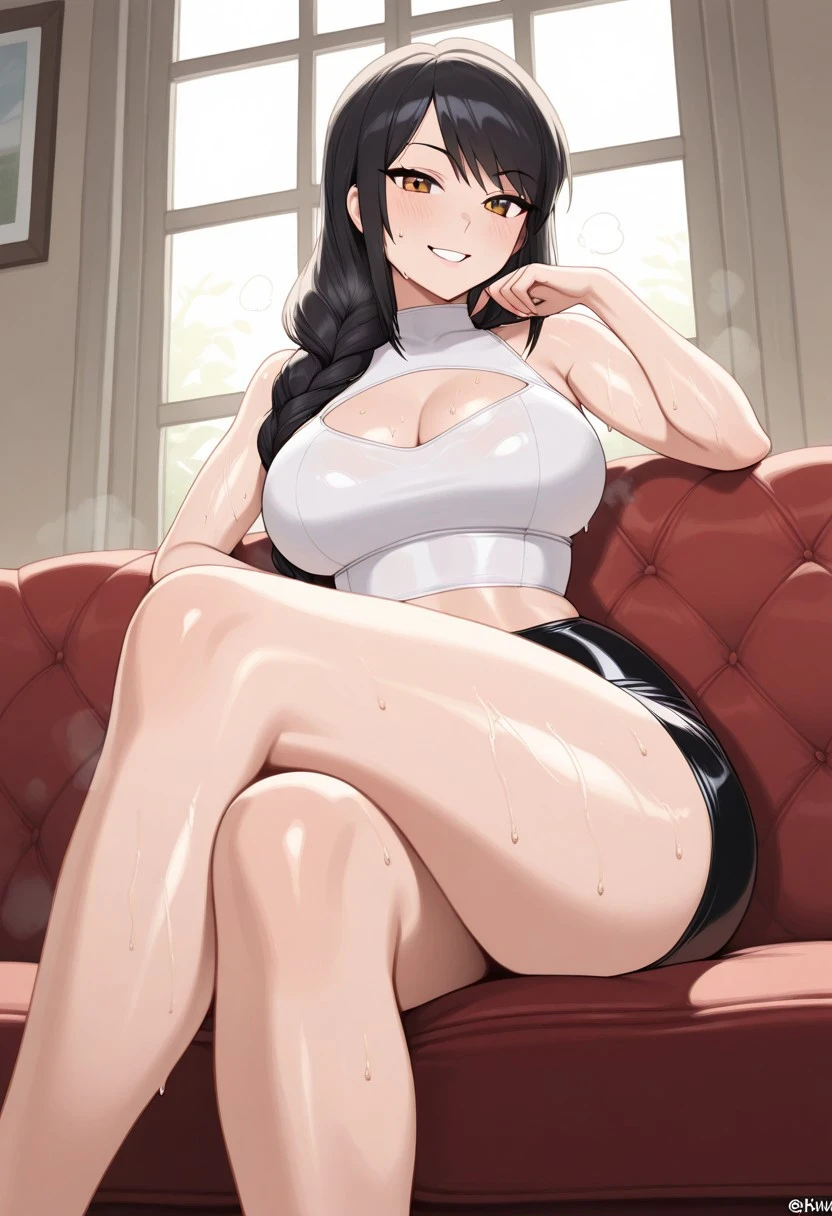 masterpiece, best quality, newest, absurdres, highres, 1girl, solo, amazing quality, good lighting, fit, breasts, confident smile, female, sitting gracefully on a plush couch, legs crossed, subtle curves, form-fitting outfit, sophisticated yet alluring pose, smiling, sfw, safe for work, close view, skirt,  legs, arms, window, slimthick, 
shiny dress, sweatILL, sweaty, steamy, close view, smell, sweatdrop, sweat, sweaty, steamy, wet skin, sweatdrop