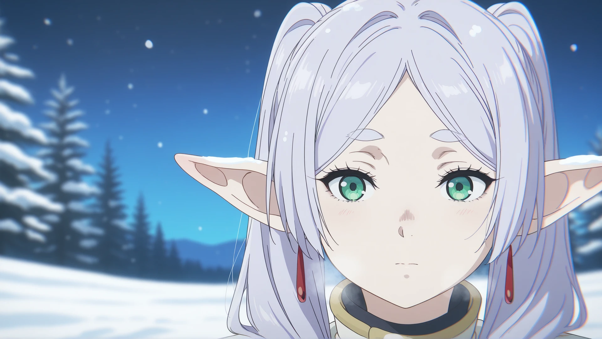 highres, hi res, best quality, masterpiece, 2d, intricate details, 4k, anime coloring, countershading,
1girl, solo, female, eyelashes, nose, white hair, silver hair, pointy ears, twintails, parted bangs, long hair, green eyes, frieren,
depth of field, steam, steaming body, sky, night, night sky, snow, snowing, snowflakes, field, fir-tree,
<lora:kyoto_animation_ILXL:1>, kyoto animation,