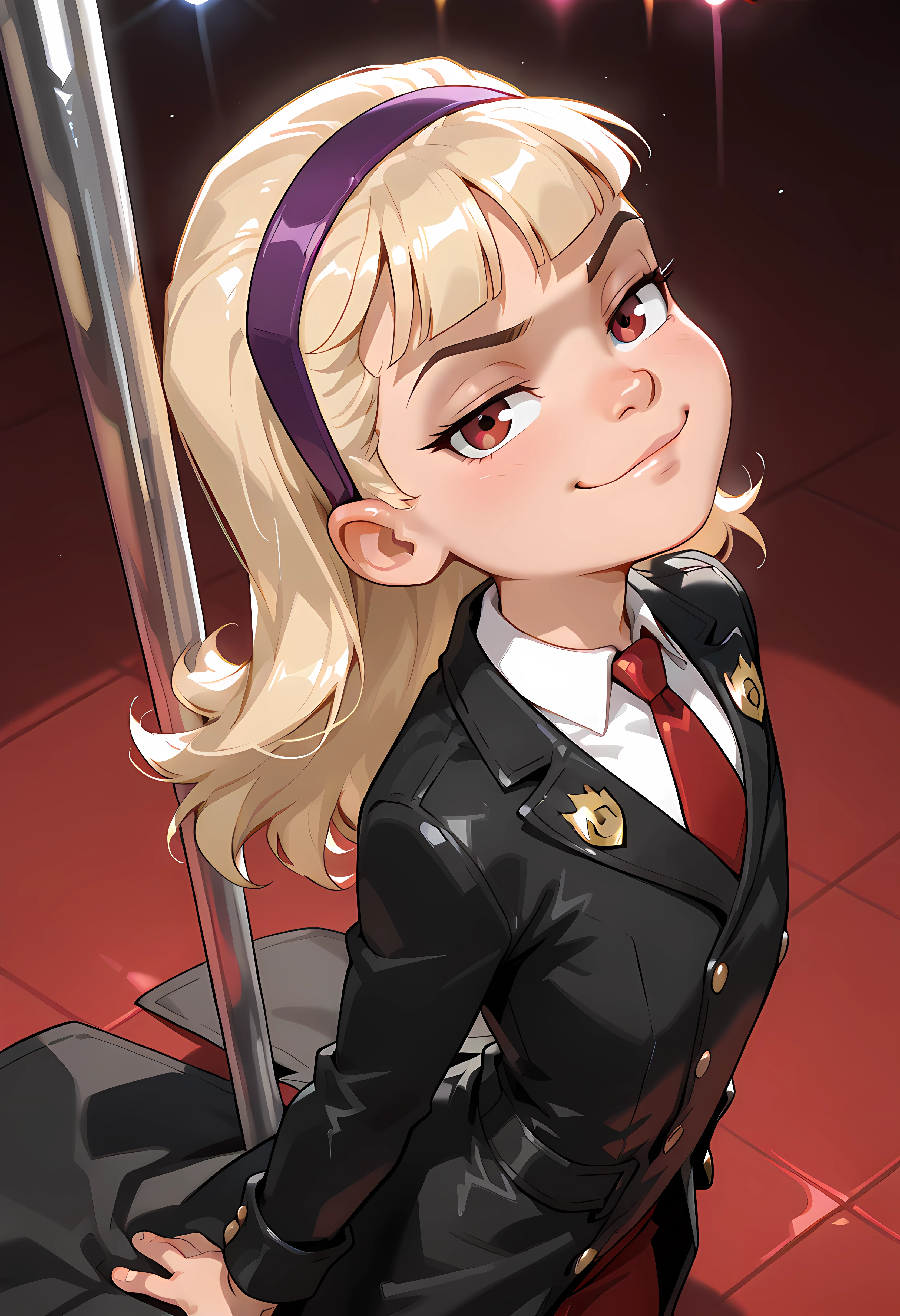 , BREAK, DC__Young_Justice_Child, 1girl, blond hair, red eyes, purple hairband, white shirt, black coat, red tie, insignia on coat, smug smile, looking up at viewer, from above, arched back, cowboy shot, solo, stripper, stripper pole, pole dancing, child <lora:justice_girl_childILL:1>, (portrai shot, upper body)