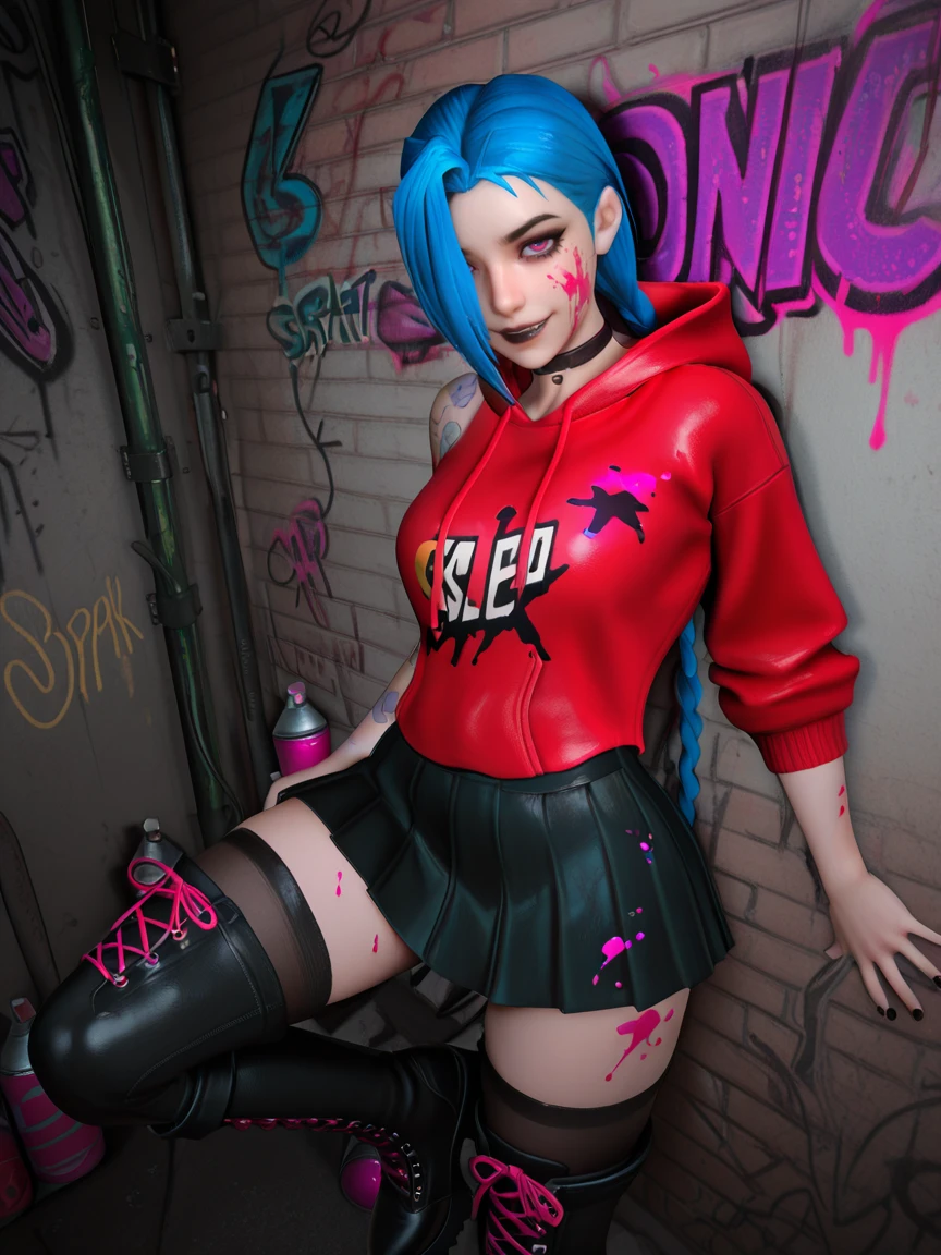 masterpiece, best quality, incredibly absurdres, absurdres, highres, intricate, highly detailed, detailed background, detailed face, detailed eyes,
volumetric lighting, dramatic lighting, dramatic shadows,
1girl, solo, jinx, blue hair red hoodie, black skirt, pleated skirt, miniskirt, combat boots, platform boots, knee boots, black thighhighs, black choker, blue drawstrings, black lips, hair over one eye, evil smile, gesugao, black nails, black footwear, black laces, hood down, paint on body, paint on face, paint on clothing, covered in paint, paint splattered everywhere, graffiti girl, spray paint, spray paint cans, graffer girl, dynamic angles, dynamic pose, street alley, graffiti walls, colorful, graffiti everywhere, spray paints, detailed background, highly detailed,