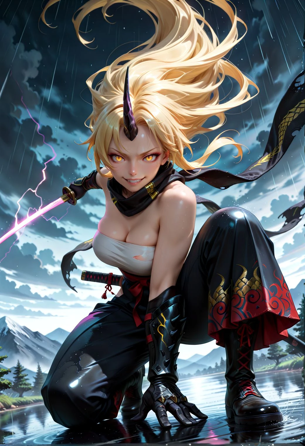 SmoothNoob_Quality, 1girl, oni, solo, single horn, flowing hair, long blonde hair, glowing yellow eyes, slit pupils, evil smile, black dragon printed scarf, dragon gauntlets, open torn kimono, sarashi, hakama pants, glowing katana, mountainous horizon, stormy sky, on one knee, dynamic pose, thunder storm, rain, detailed background, depth of field, dynamic composition, foreshortening, detailed background, dynamic pose, dutch angle, detailed backgroud,foreshortening,