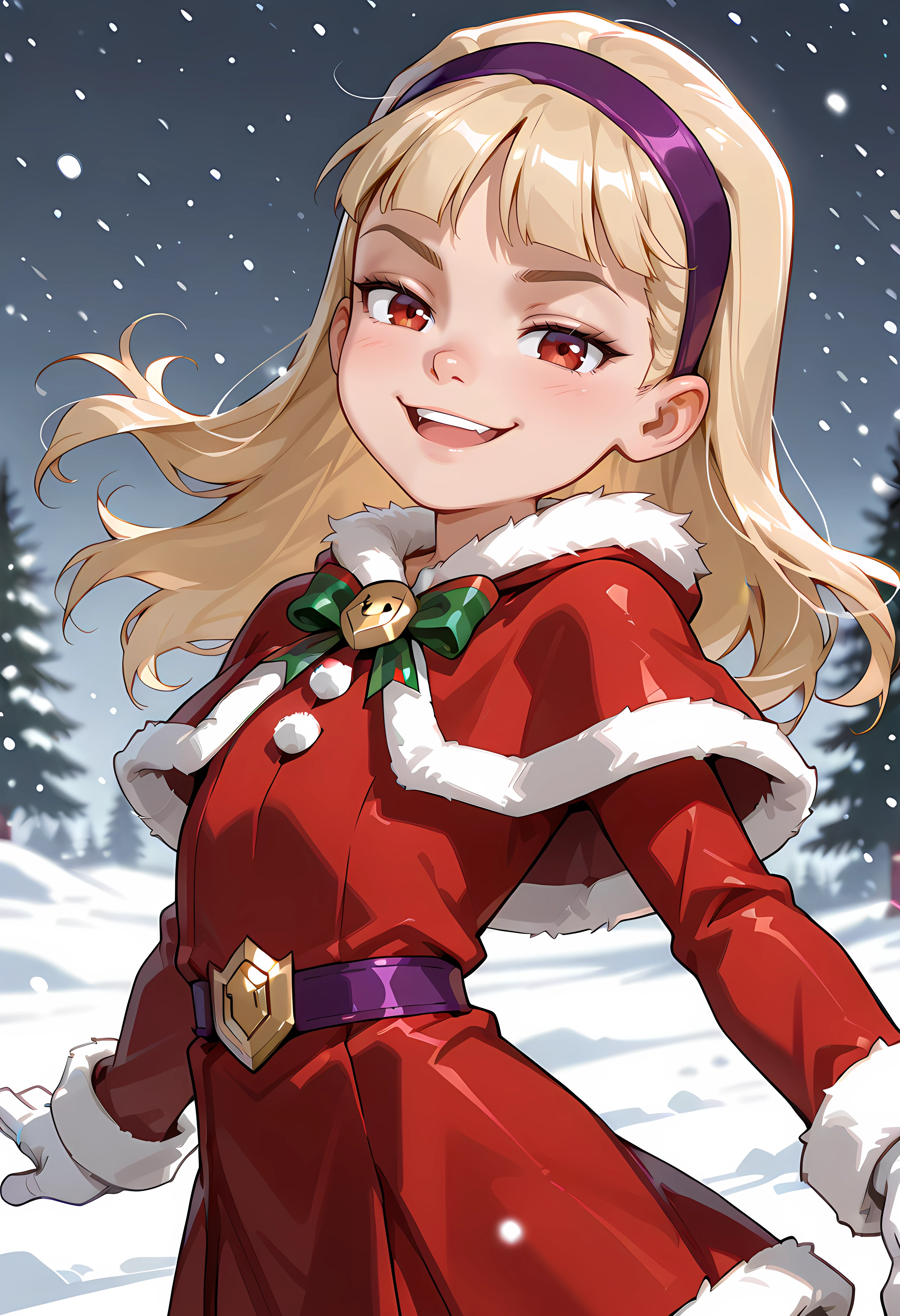 score_7, score_7_up, score_9, score_9_up, BREAK, DC__Young_Justice_Child, 1girl, blond hair, red eyes, purple hairband, , smug smile, arched back, cowboy shot, solo, child <lora:justice_girl_childILL:1>, (portrai shot, upper body), happy, looking at viewer, upper teeth, looking at viewer, christmas, fur trim, red capelet, red dress, fur-trimmed dress, long sleeves, white gloves, snowing, outdoors