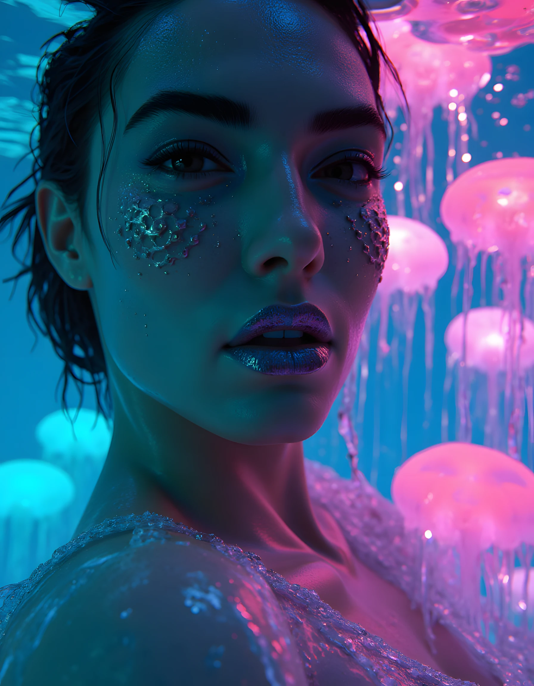 (ethereal close-up:1.4), young woman with silver-painted lips, wet hair slicked back, submerged in a glowing bioluminescent pool, neon algae clinging to her skin, (sci-fi cybernetic tattoos:1.3), reflections of holographic jellyfish above, teal and magenta lighting, (hyperrealism:1.2), by Lois van Baarle and WLOP, intricate water droplets, sheer iridescent fabric draped over shoulders, Ay0st Style