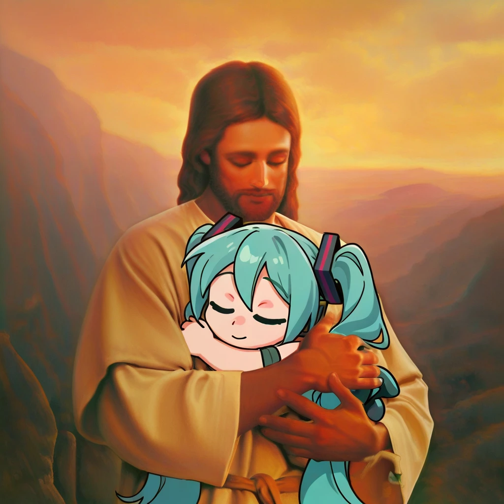 (2024, very aesthetic, newest, best quality, masterpiece), mikus-concept, human, closed eyes, brown hair,jesus, holding, simple background, golden hour, BREAK, hatsune miku, blue hair, blue eyes, long hair