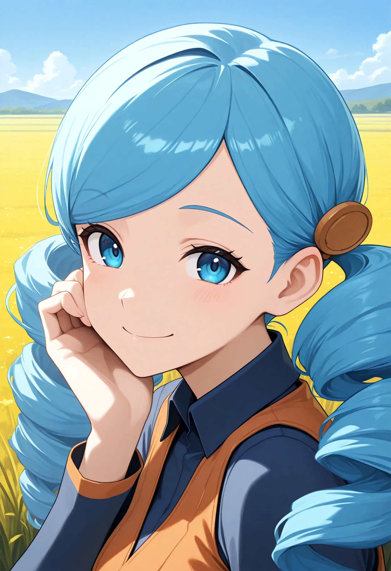 painterly, absurdres, 1girl, solo, ac3trainerbw, portrait, orange vest, drill hair, blue eyes, blue hair, looking at viewer, smile, hand on face, head titled to side, field, sky, masterpiece, top quality, official art, best quality, beautiful, aesthetic, <lora:AceTrainerBW:1>