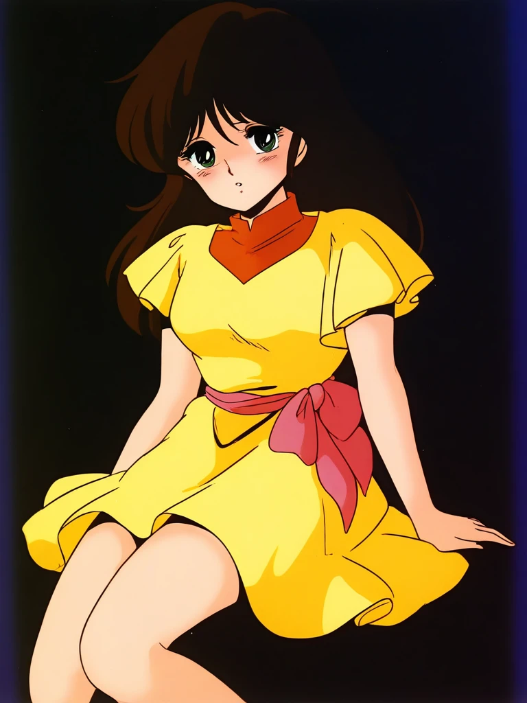 general,highres, ultra-detailed,very aesthetic,best quality ,best hands, BREAK <lora:Nonomura_Ami_Amiï½¥AGAIN_IS:1>
Nonomura_Ami(Amiï½¥AGAIN), 1girl, solo, black hair, long hair, brown hair, green eyes, bangs, medium breasts,
Yellow dress, looking at viewer, black background, simple background, short sleeves, sitting, blush, black eyes, parted lips