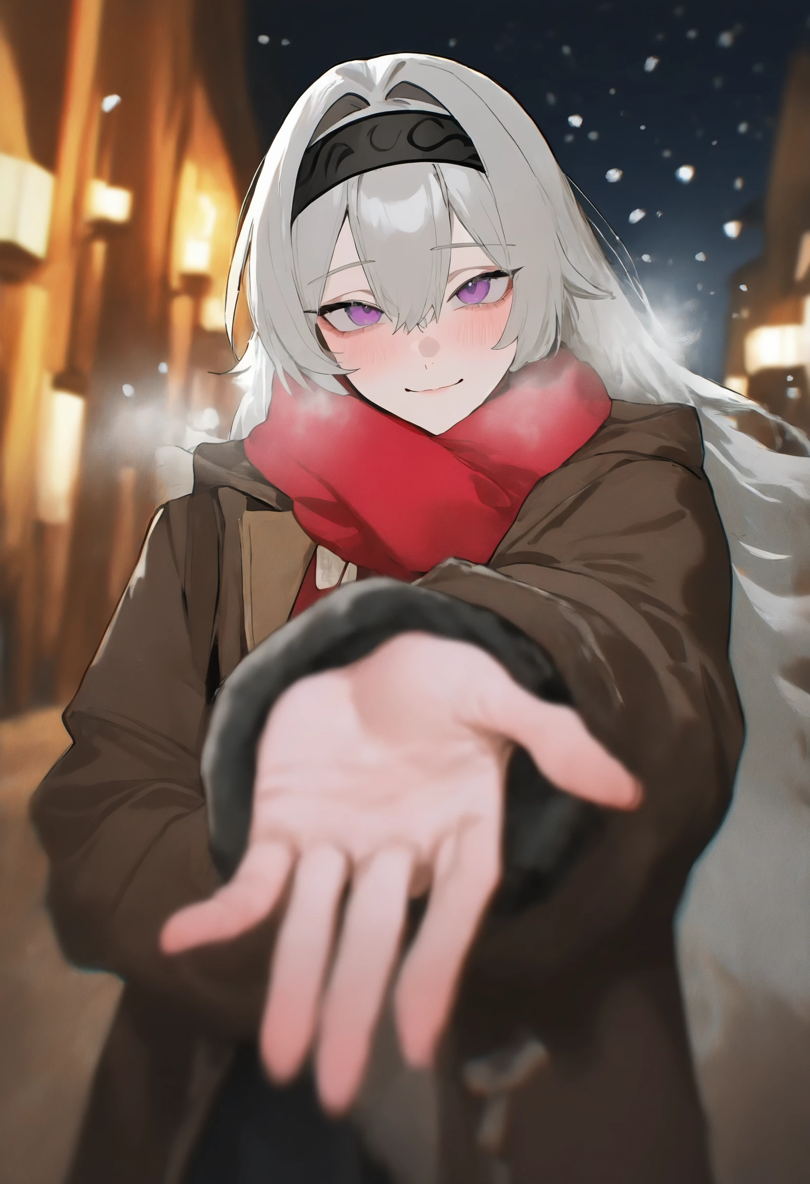 masterpiece, best quality, newest, absurdres, highres, very awa, anime screencap, film grain, painting \(medium\), ambient occlusion, depth of field, intricate background, bXVrd, 1girl, scarf, blush, black hairband, looking at viewer, solo, hairband, grey hair, long hair, purple eyes, coat, reaching towards viewer, night, outdoors, red scarf, closed mouth, reaching, hair intakes, brown coat, open clothes, open coat, snowing, hair ornament, smile, pov, twitter username, sidelocks, hair between eyes, upper body, snow, winter clothes, night sky, long sleeves