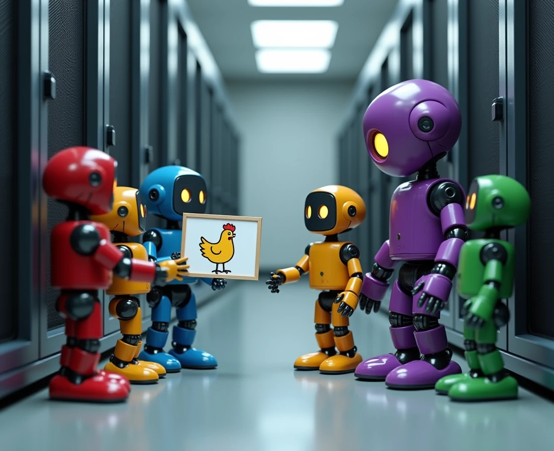five cute little robots exchanging pictures in a server room,
red robot holding a picture picture of a crudely drawn chicken handing it to a blue robot, blue robot handing a picture of a higher fidelity chicken to a yellow robot, yellow robot has a confused expression as it hands a line drawing of a chicken picture to a green robot, a larger purple robot is delegating as a teacher