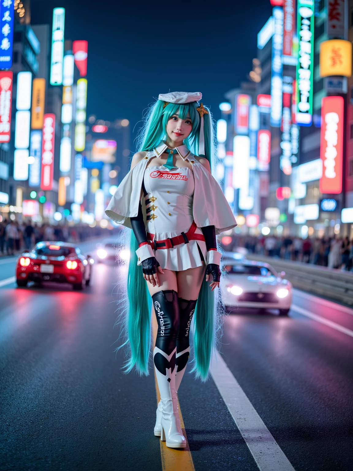 A realistic photo of a tall and slim beautiful woman dressed in cyb-miku cosplay costume. She is also wearing capelet with collar and arm warmers and fingerless gloves and white high heeled boots with black thighhighs. She has aqua hair with long twintails and hat and hair ornament and hair ribbon. Background is a bustling cyberpunk metropolis at night, illuminated by millions of neon signs and holographic displays. A high-speed racetrack weaves through the city streets, with futuristic race cars zooming past. The scene is filled with the energy and excitement of a major racing event, with crowds of spectators gathered along the route and the sound of engines roaring in the distance.