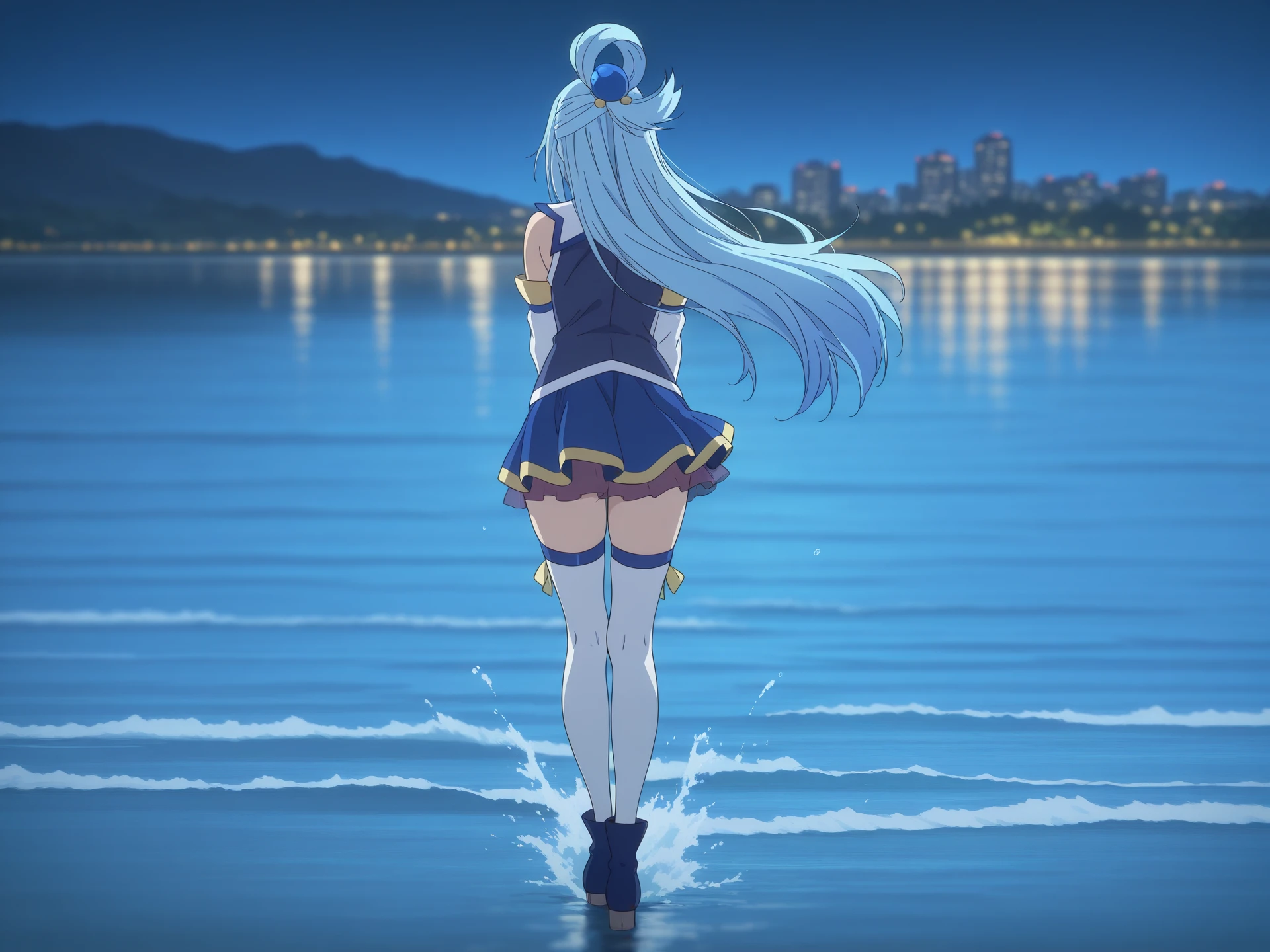 highres, hi res, best quality, masterpiece, 2d, intricate details, 4k, anime coloring, countershading,
1girl, solo, female, blue hair, hair ornament, hair rings, single hair ring, long hair, very long hair, aqua (konosuba),
skirt, thighhighs, bow, bare shoulders, detached sleeves, white sleeves, white thighhighs, zettai ryouiki,
full body, outdoors, from behind, blurry, floating hair, depth of field, wind, nature, facing away, night, night city, Waves, geyser, water, water splashes
<lora:kyoto_animation_ILXL:1>, kyoto animation,